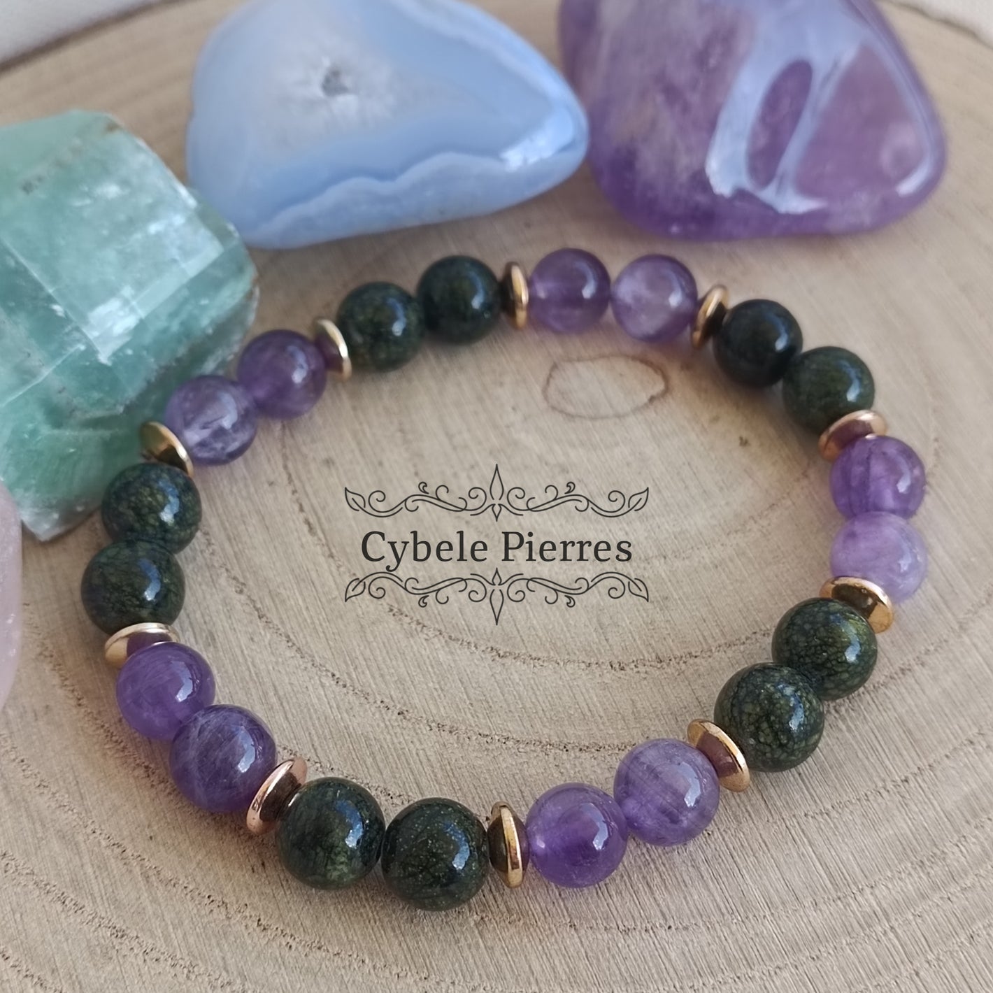 Bracelet Compétence - Améthyste et Serpentine (8mm) - 19cm