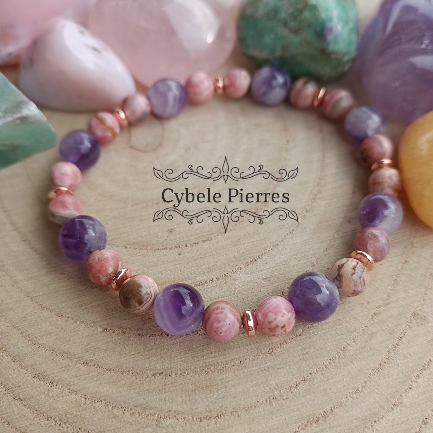 Bracelet Tradition- Rhodochrosite et Améthyste (6mm) - 18cm