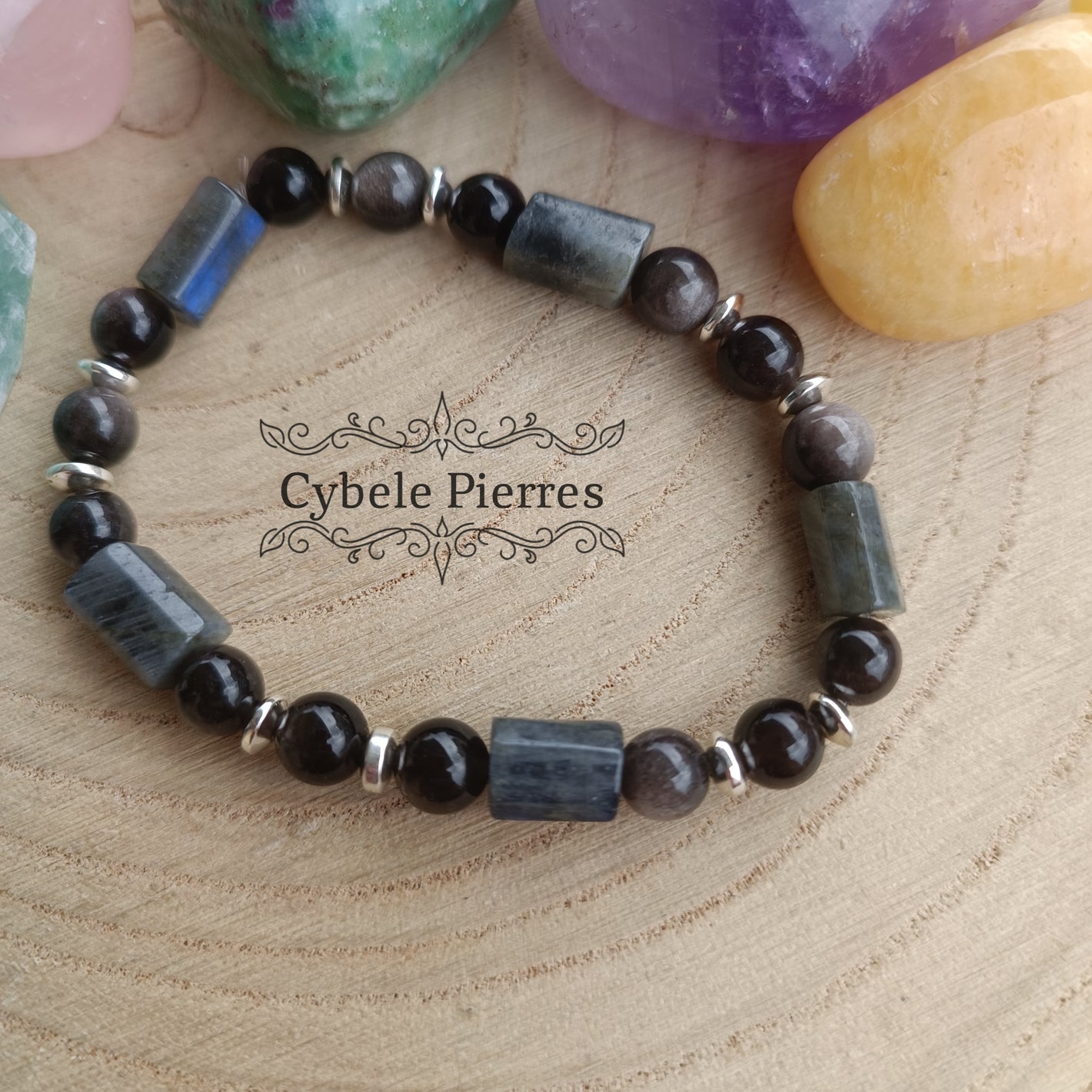 Bracelet Athéna: Labradorite et Obsidienne argentée - 16cm (10mm et 6mm)