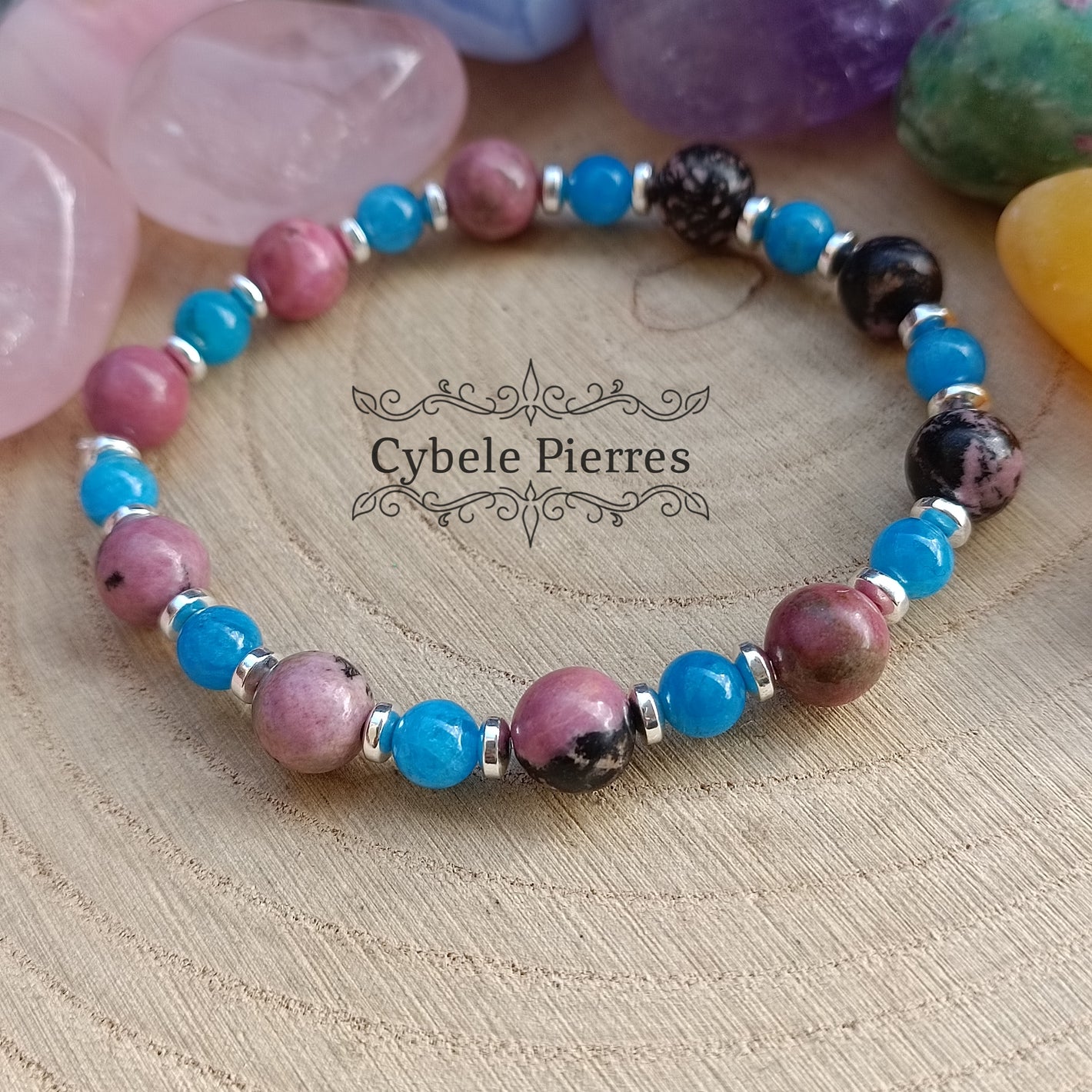 Bracelet Tendresse et équilibre - Apatite bleue et Rhodonite (6 et 8mm) -18cm