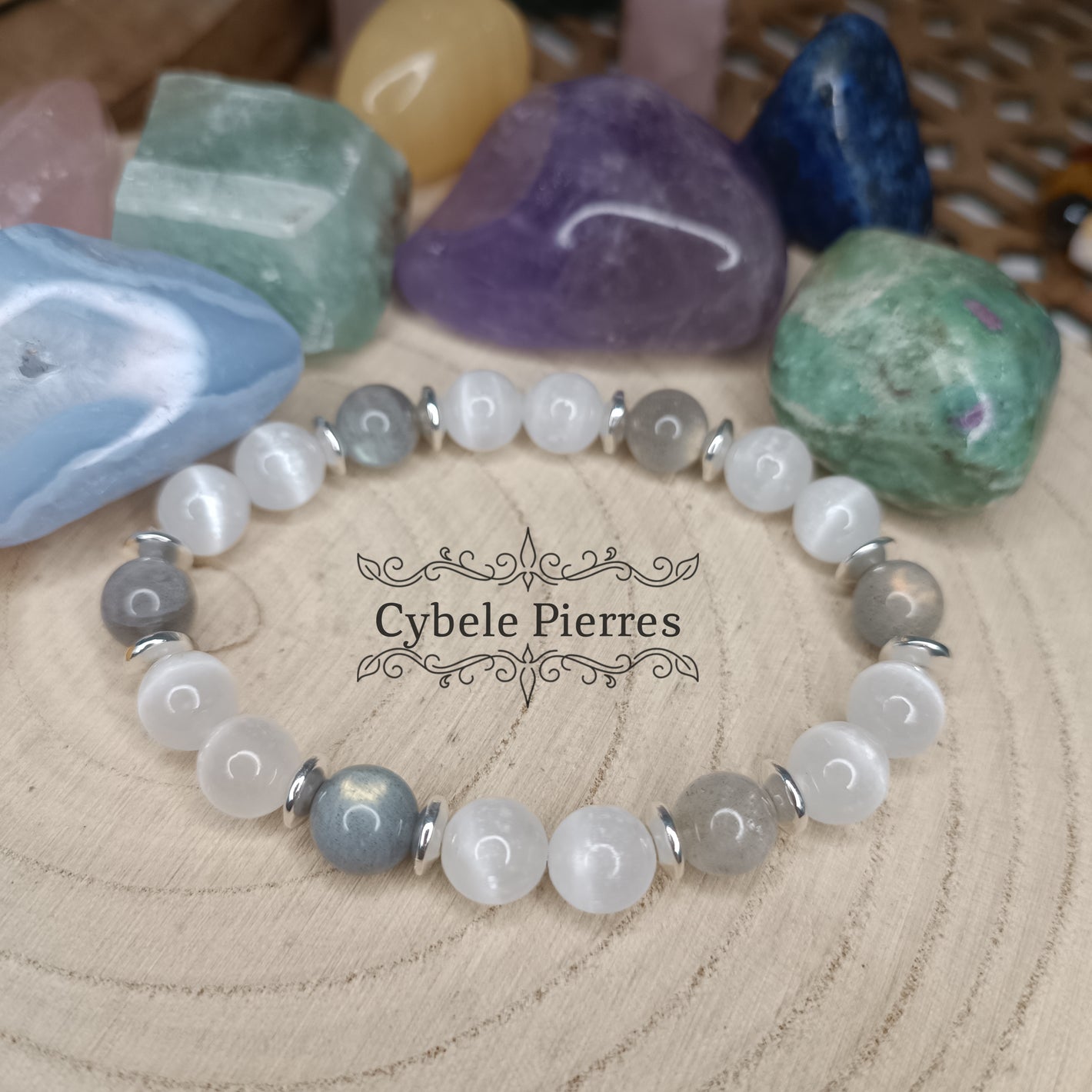Bracelet "Ours Polaire" - Sélénite et labradorite (8mm) -18cm