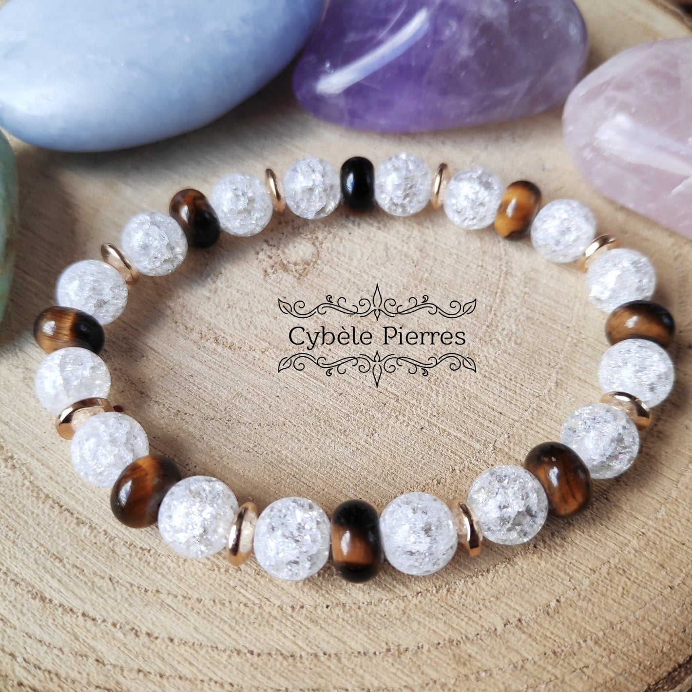 Bracelet Cristal de roche craquelé et Oeil de tigre (8mm) - 18cm