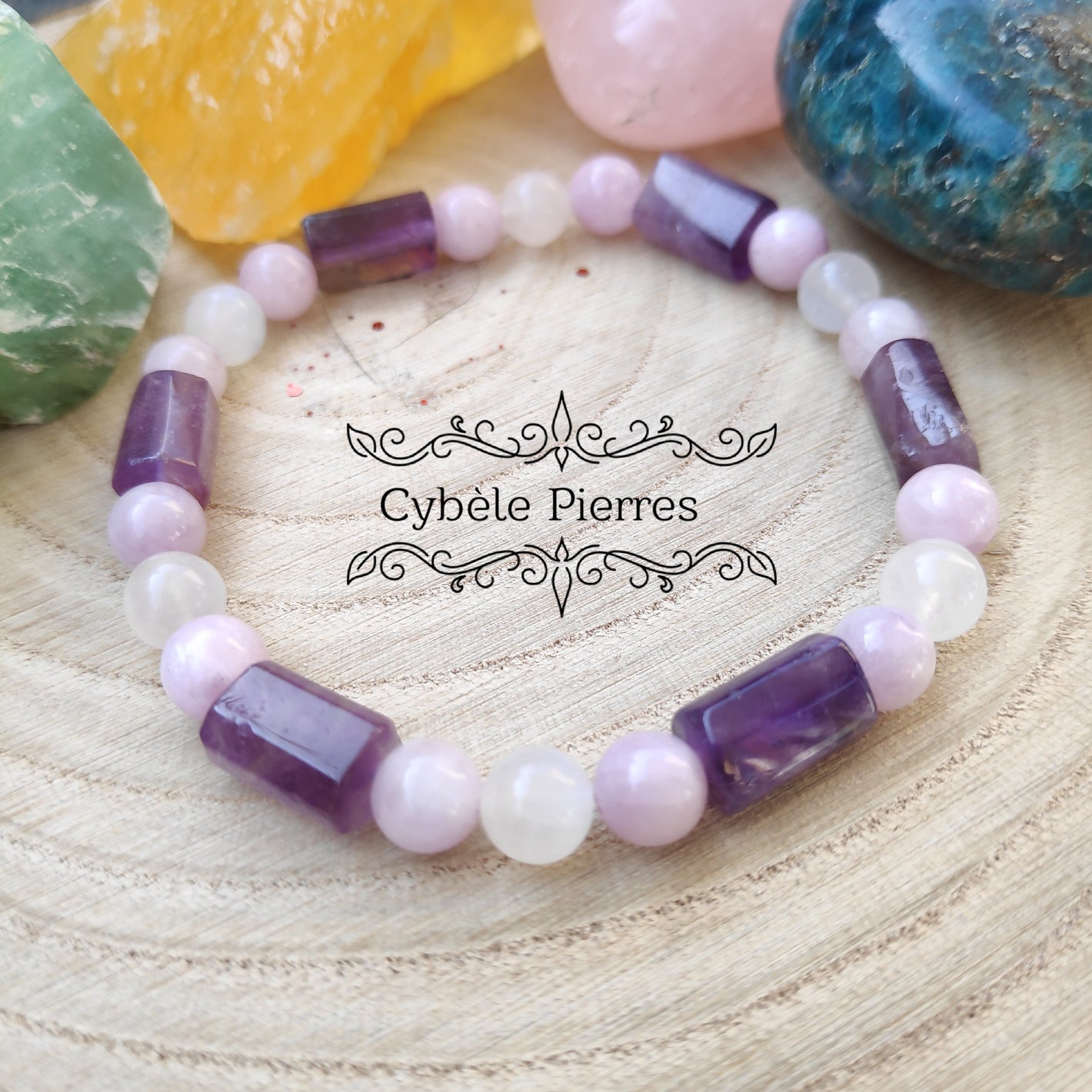 Bracelet Emotions Profondes - Labradorite blanche, Kunzite et Améthyste (8 et 10mm) - 18cm