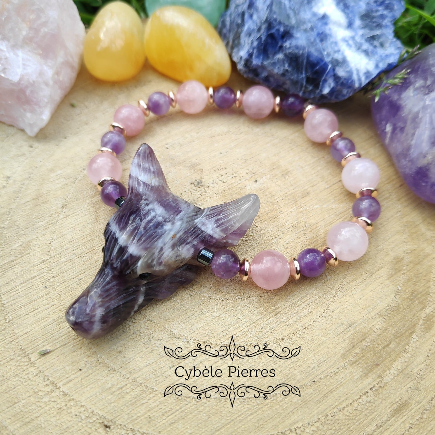 Bracelet "Loup" - Améthyste et Quartz rose (8mm et 6mm) 17-18cm