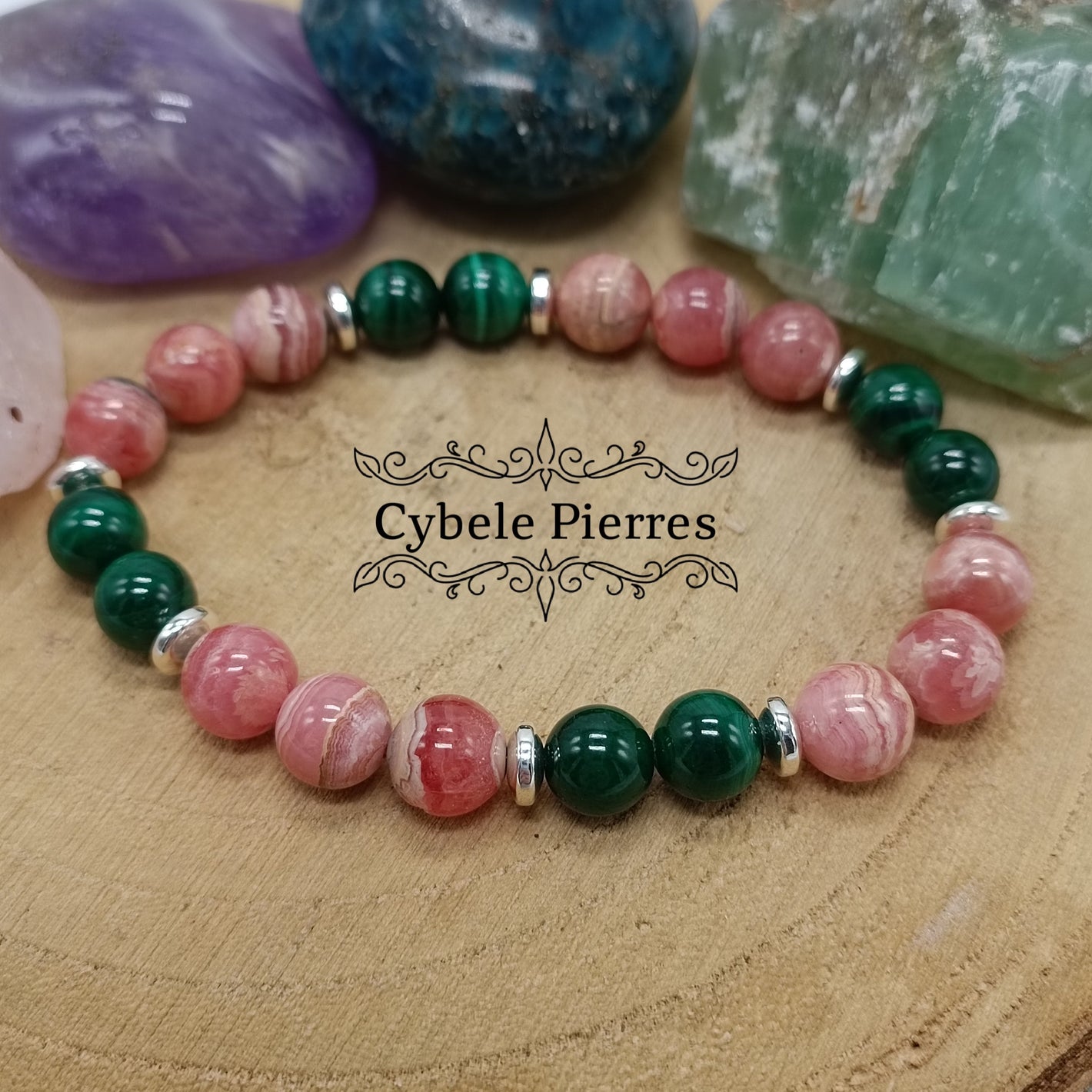 Bracelet Khépri - Rhodochrosite et Malachite (8mm) - 19cm