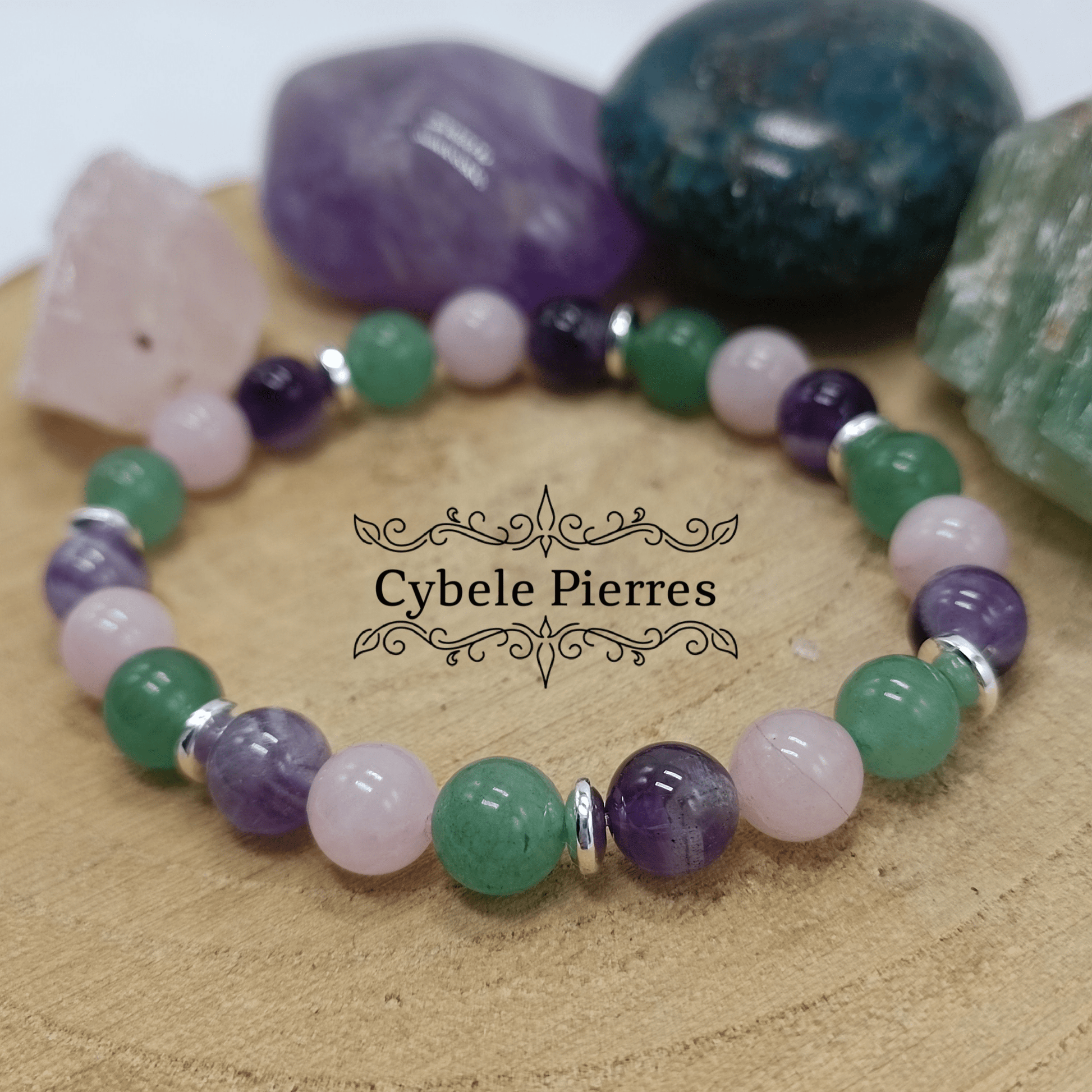 Bracelet Abianus - Quartz rose, Améthyste et Aventurine verte (8mm) - 19cm - Cybele Pierres