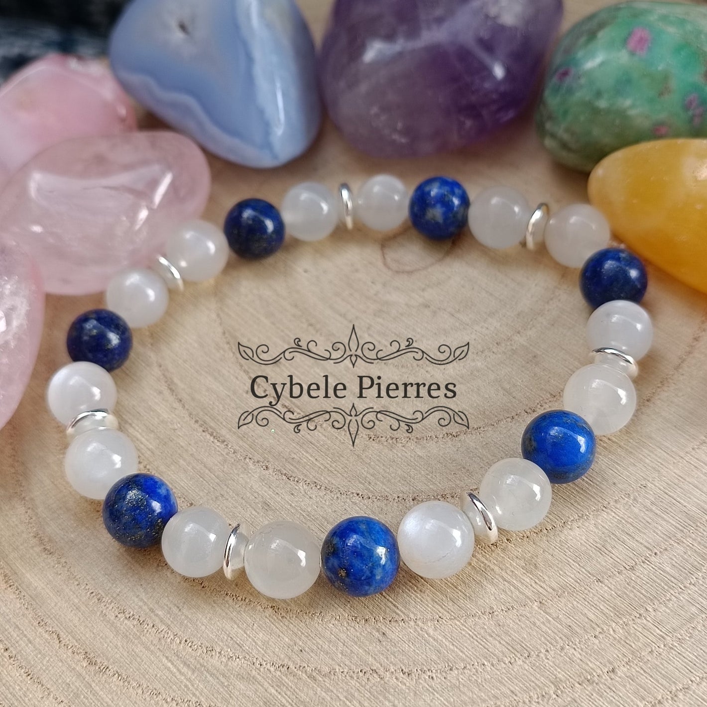 Bracelet Abysse - Lapis - Lazuli et Pierre de lune blanche (8mm) - 19cm - Cybele Pierres