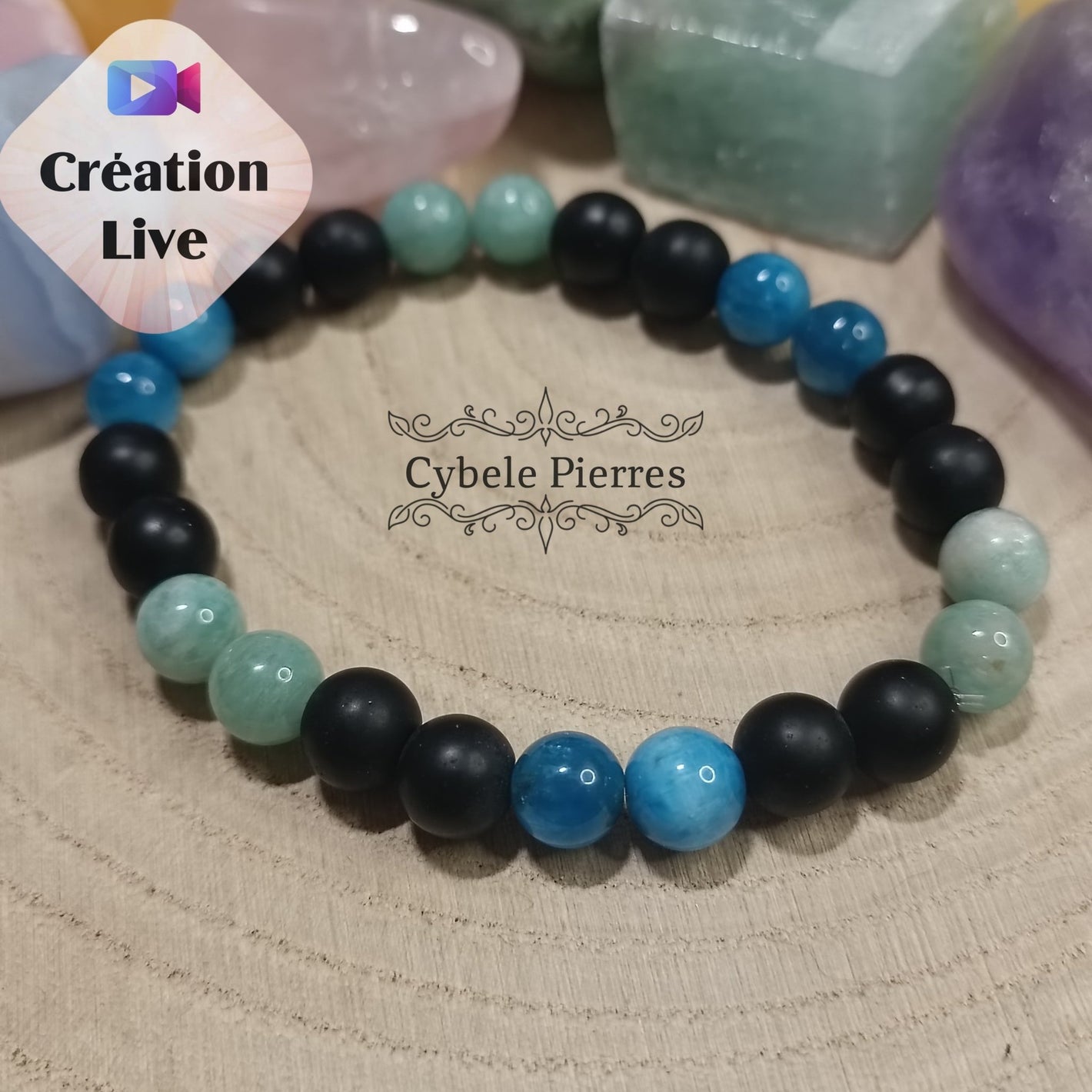 Bracelet Acceptation : Apatite, Amazonite et Onyx (8mm) - 18cm - Cybele Pierres