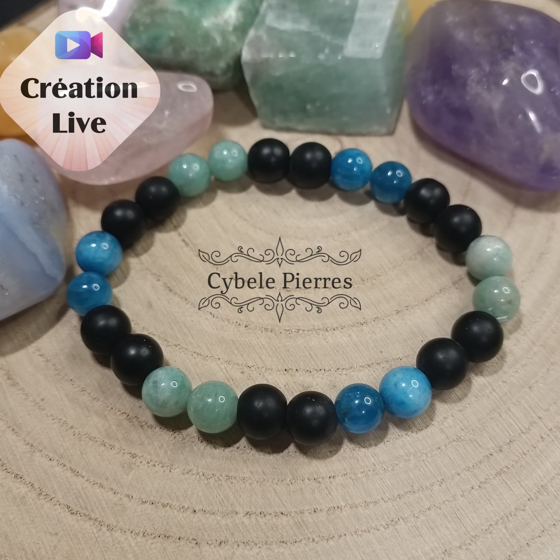 Bracelet Acceptation : Apatite, Amazonite et Onyx (8mm) - 18cm - Cybele Pierres
