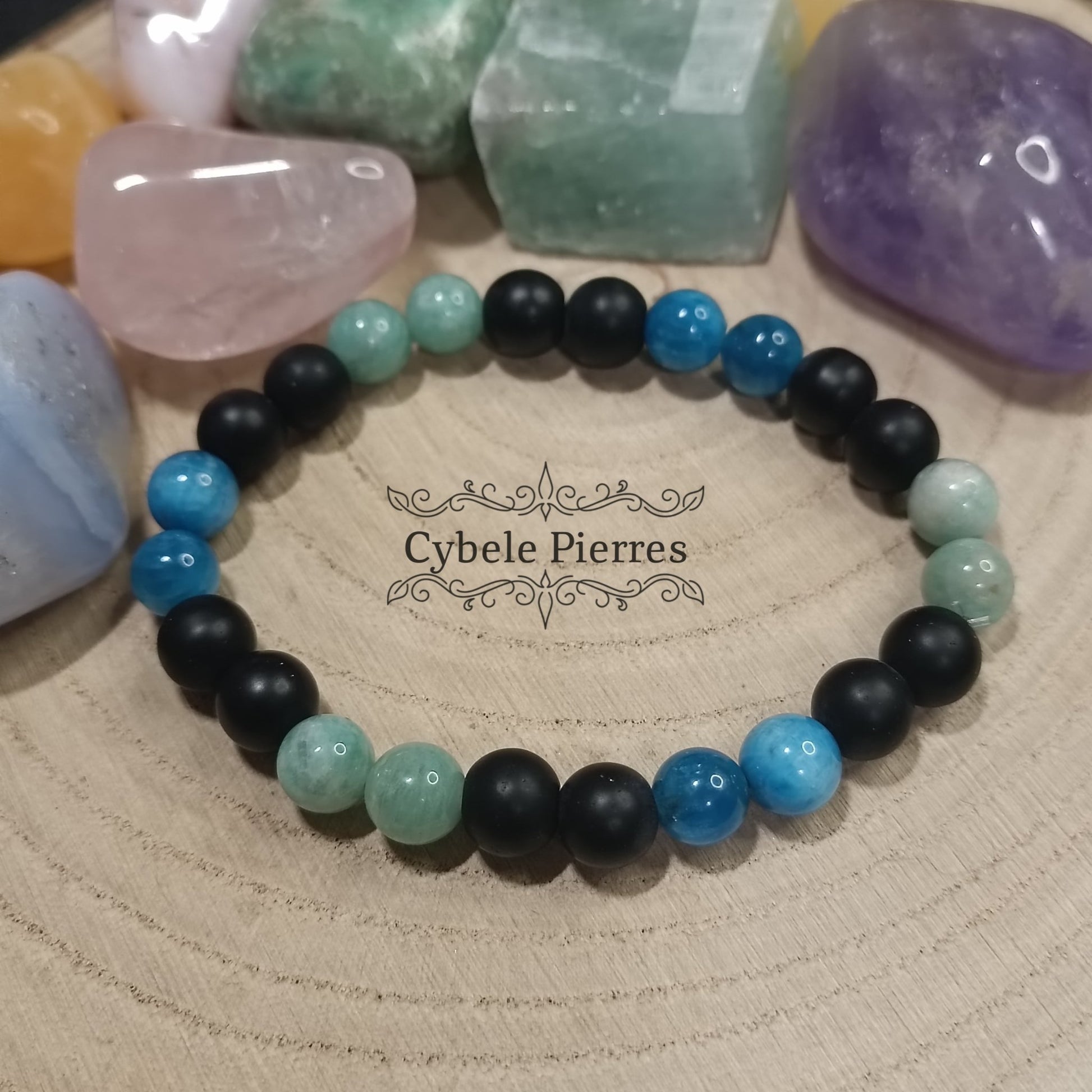 Bracelet Acceptation : Apatite, Amazonite et Onyx (8mm) - 18cm - Cybele Pierres
