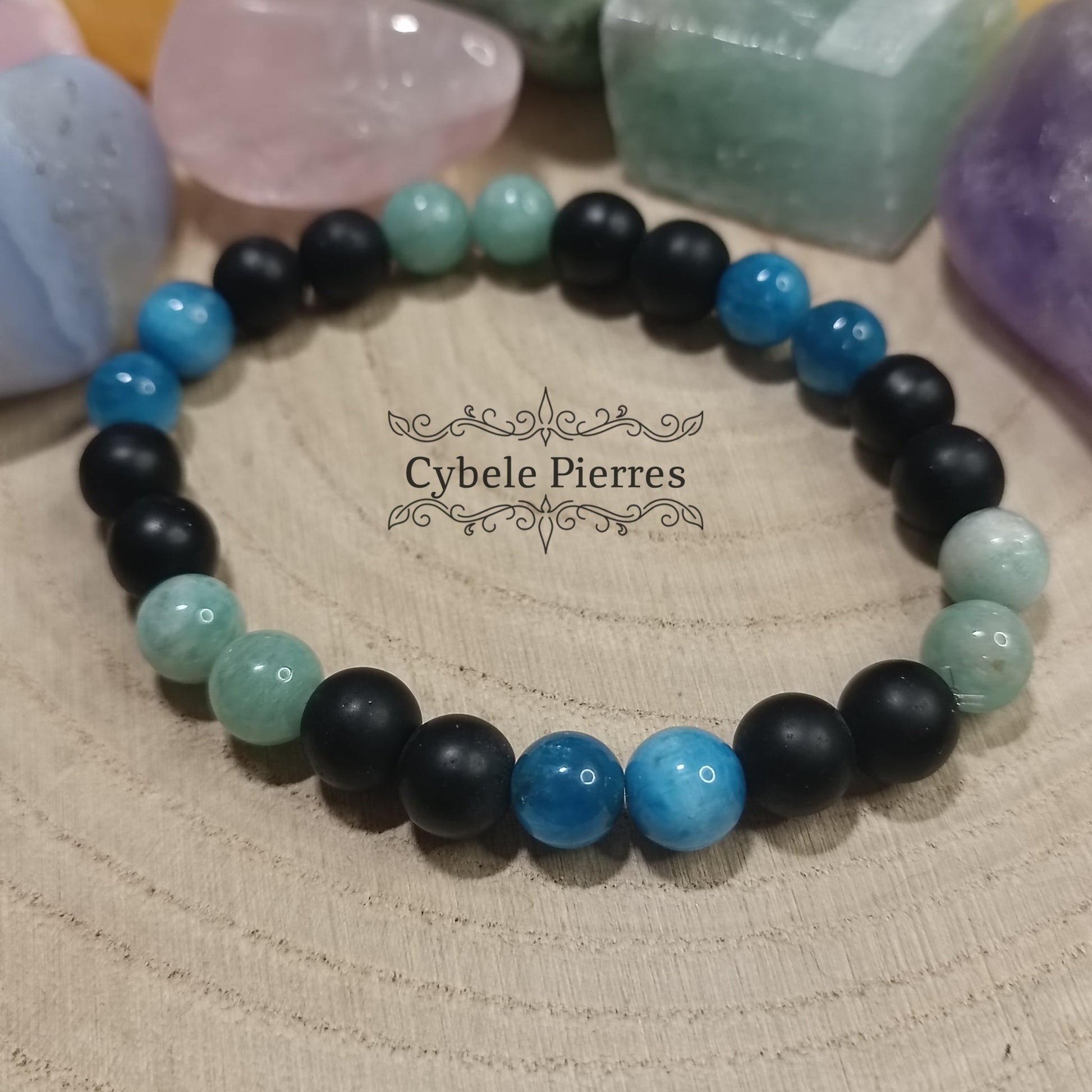 Bracelet Acceptation : Apatite, Amazonite et Onyx (8mm) - 18cm - Cybele Pierres