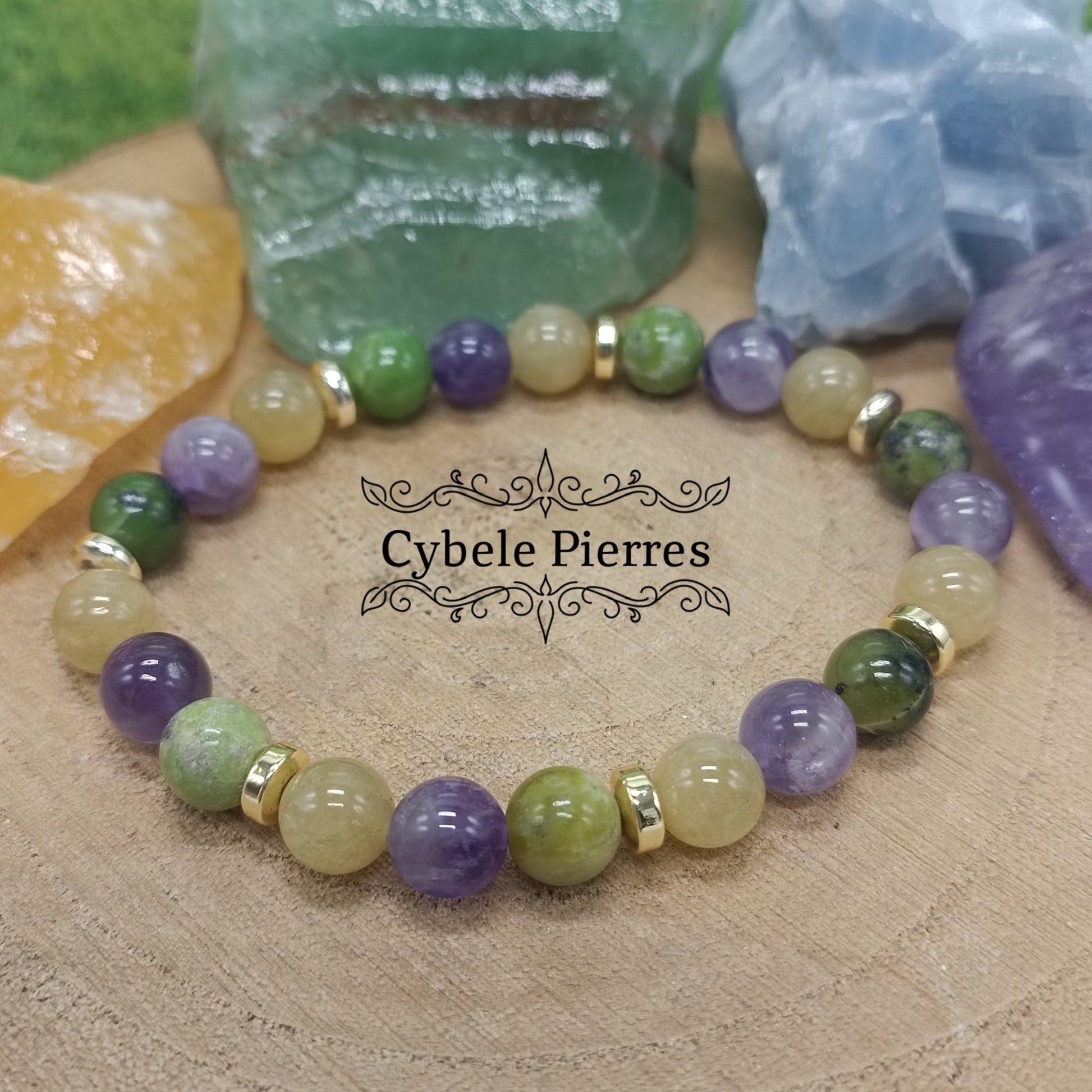 Bracelet Adorable : Améthyste, Héliodore et Opale Verte (8mm) - 19cm - Cybele Pierres