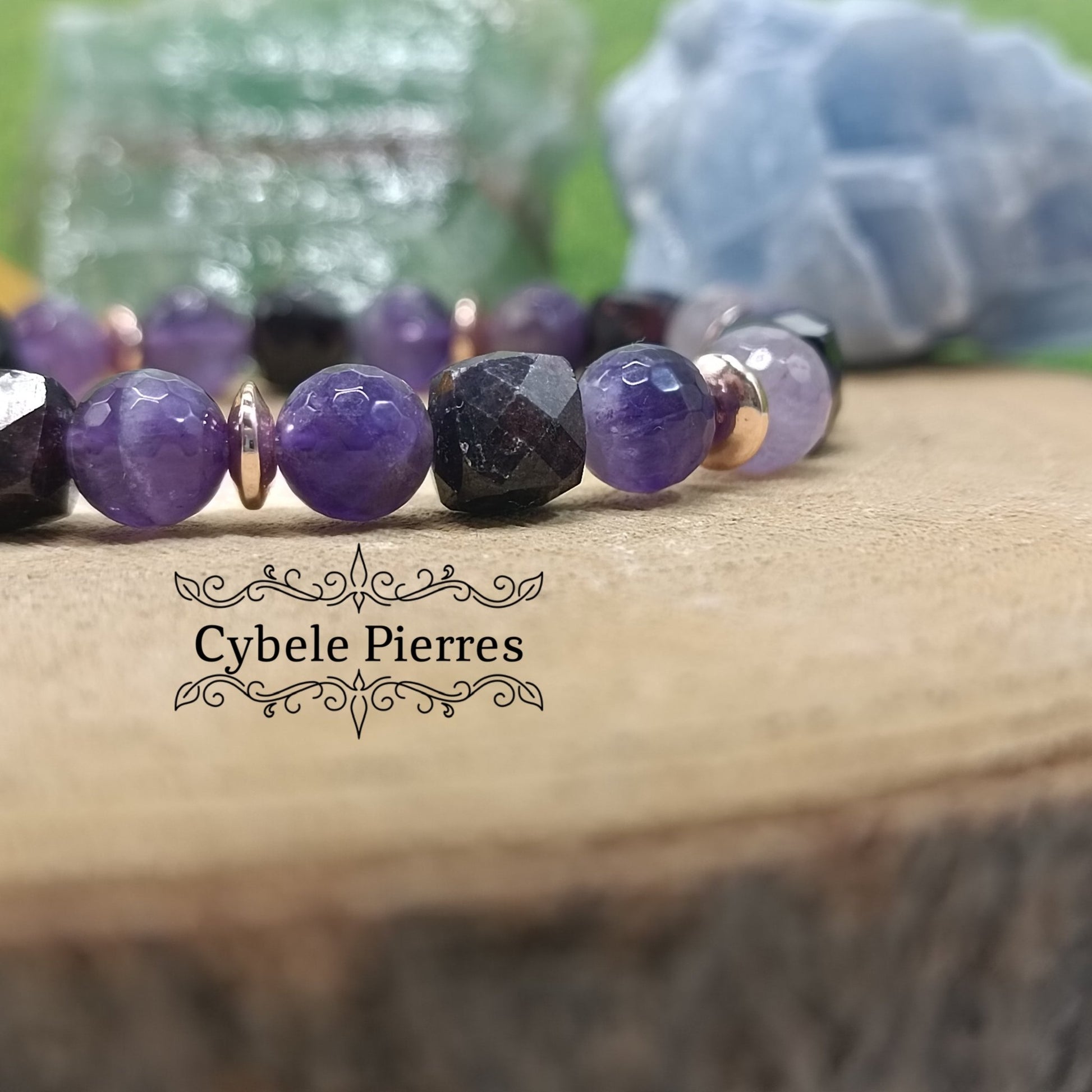 Bracelet Adoration - Améthyste facettée et Grenat carré facettée (8mm) - 18cm - Cybele Pierres