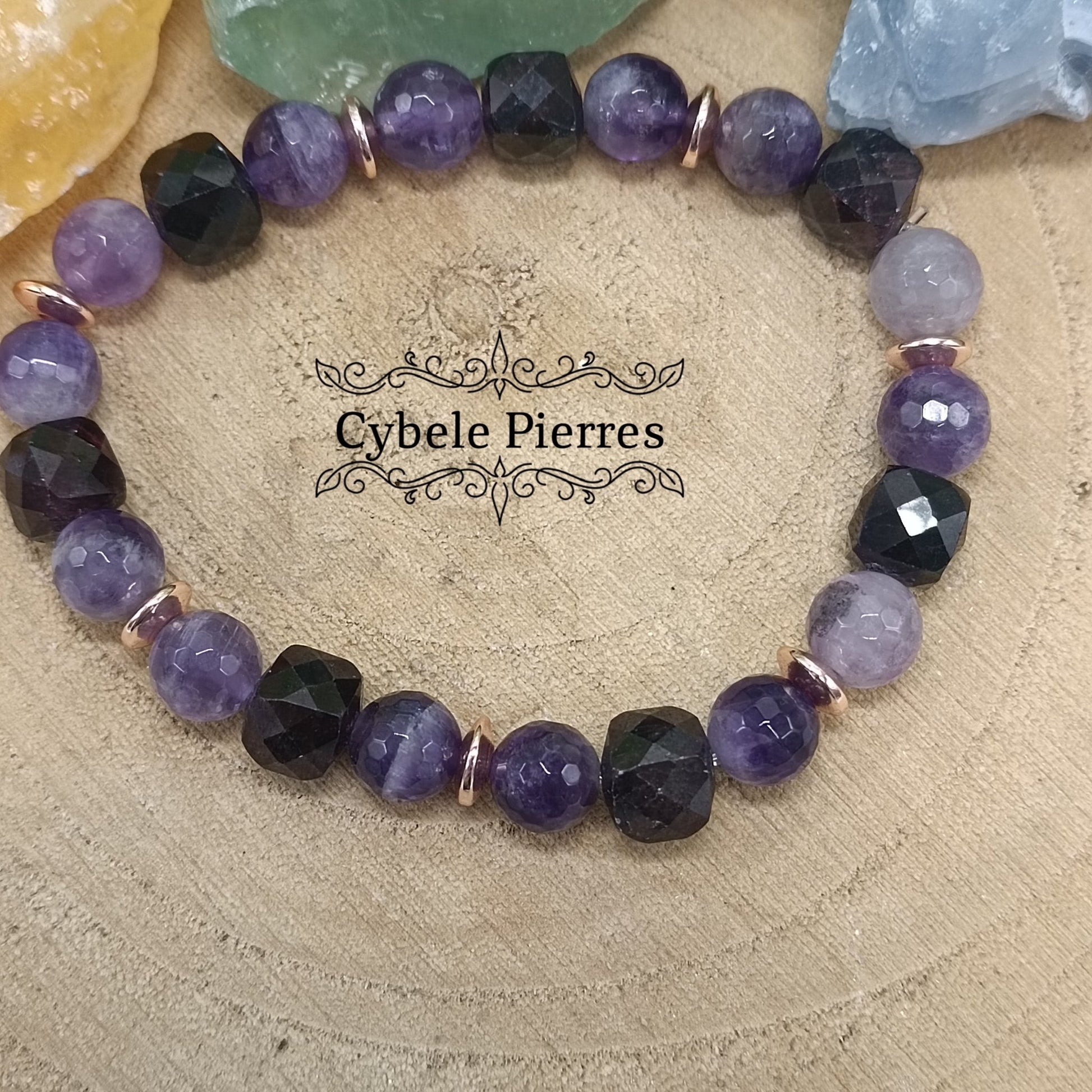 Bracelet Adoration - Améthyste facettée et Grenat carré facettée (8mm) - 18cm - Cybele Pierres