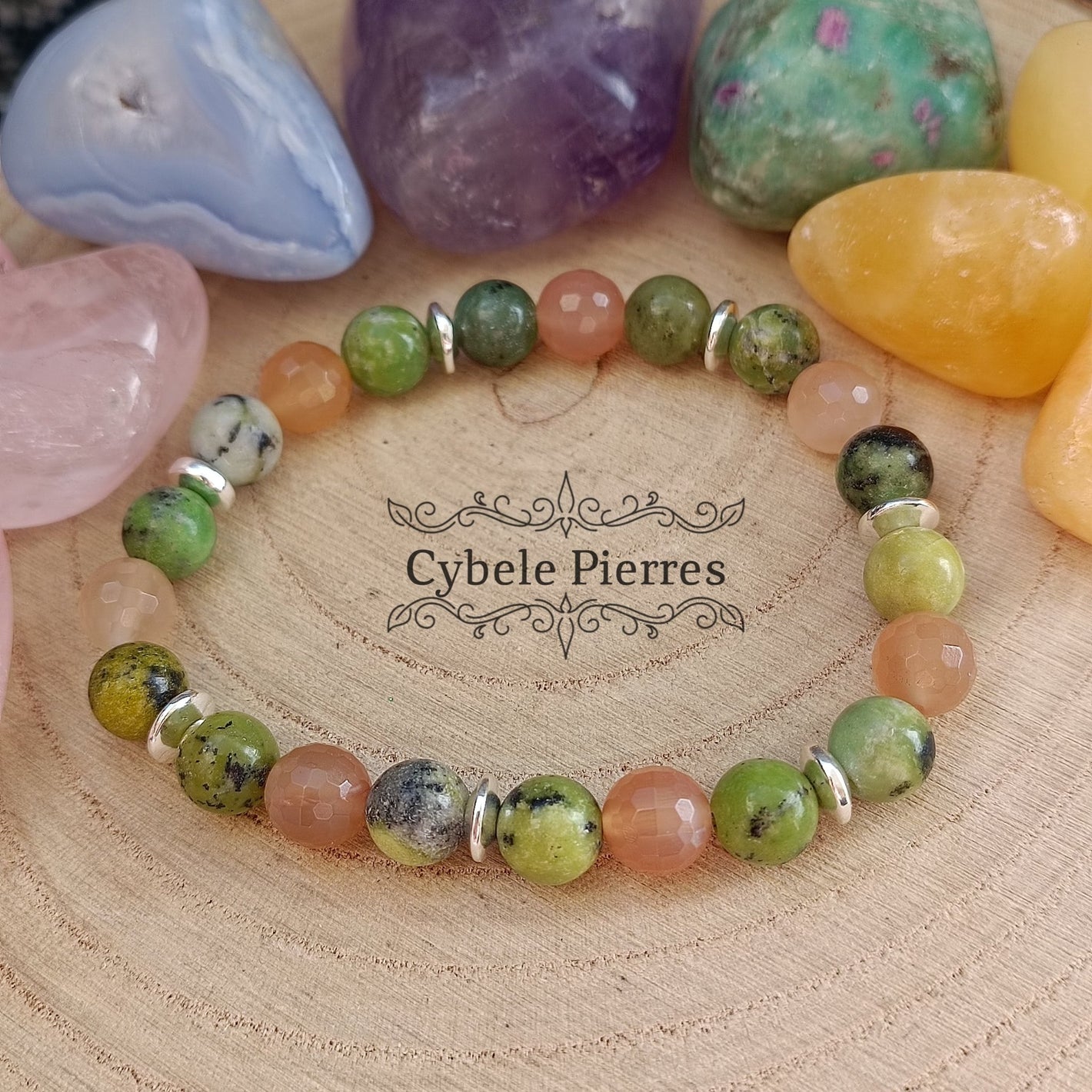 Bracelet Adversité : Pierre de lune facettée et Opale Verte (8mm) - 18cm - Cybele Pierres