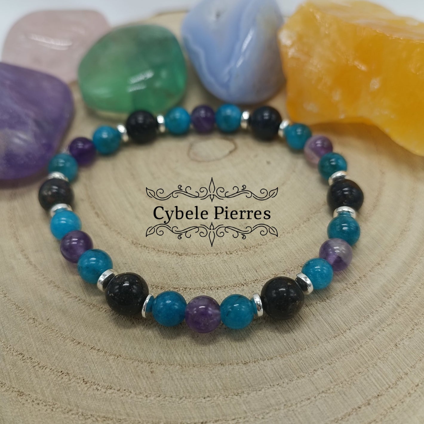 Bracelet Aisance - Améthyste, Apatite bleue et Opale (6 et 8mm) - 18cm - Cybele Pierres