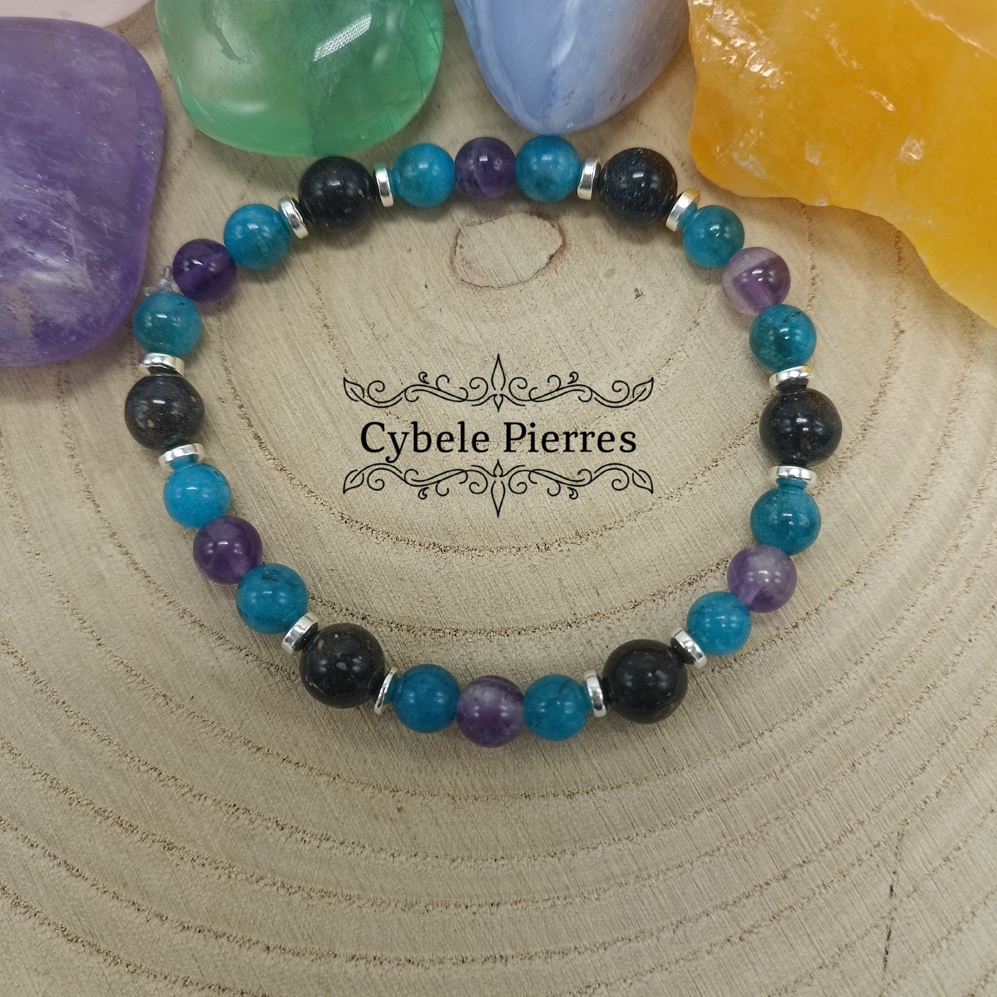 Bracelet Aisance - Améthyste, Apatite bleue et Opale (6 et 8mm) - 18cm - Cybele Pierres