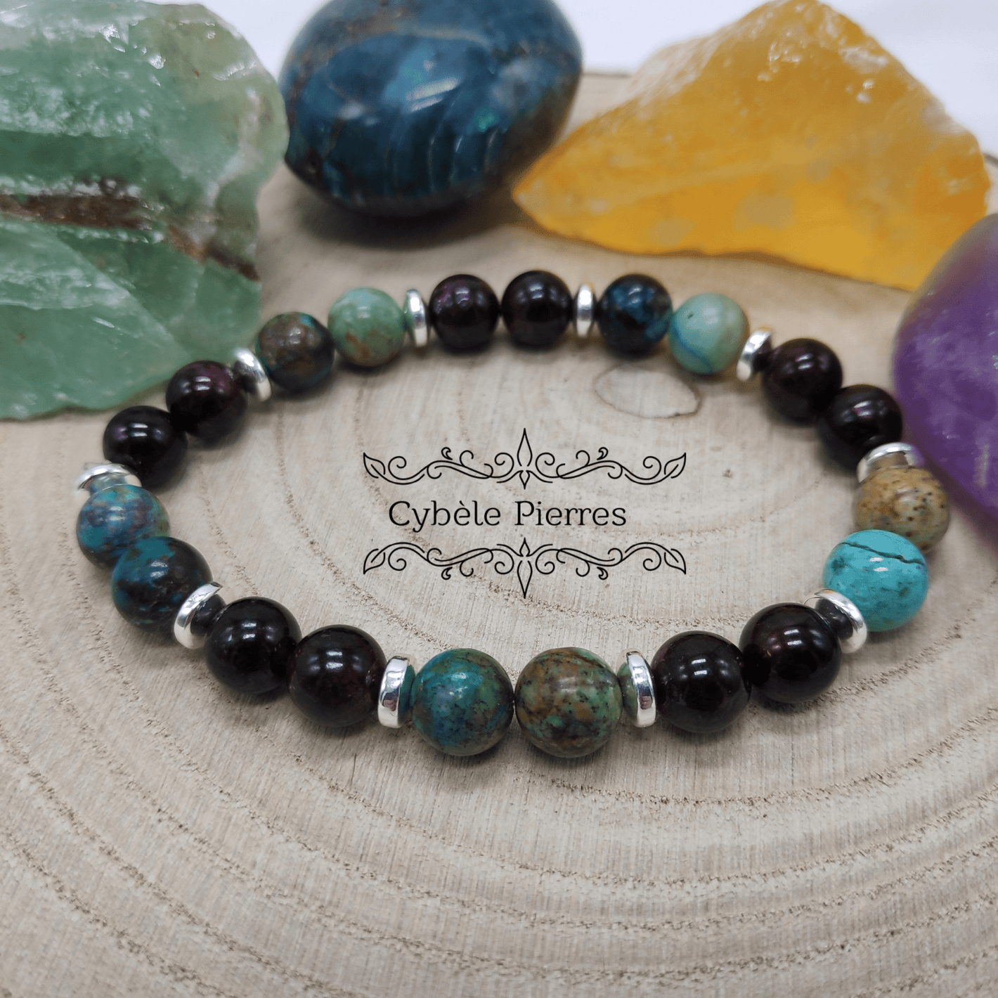 Bracelet Akka - Chrysocolle et Grenat (8mm) - 18cm - Cybele Pierres