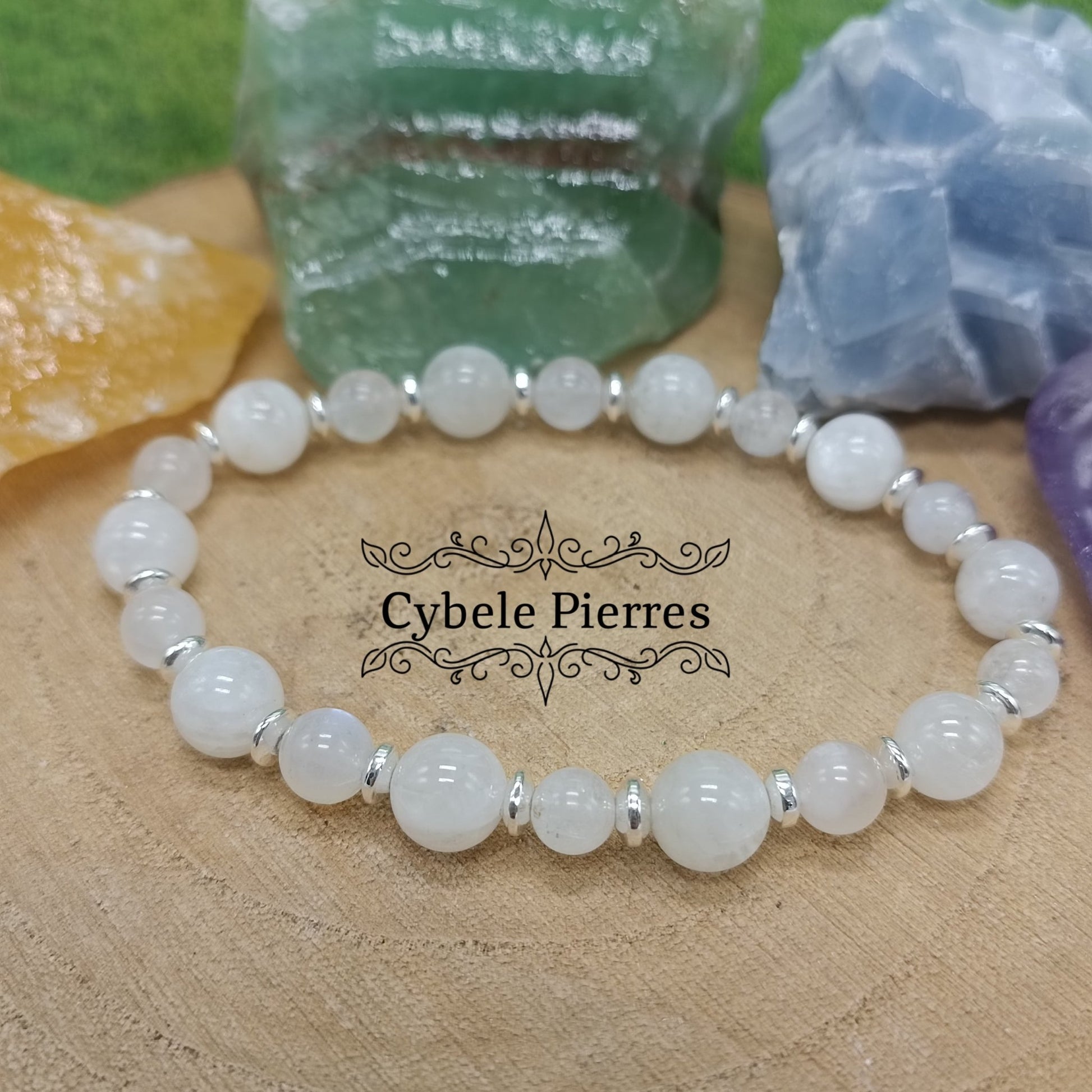 Bracelet Alphée - Péristérite (Labradorite blanche) (6 et 8mm) - 18cm - Cybele Pierres