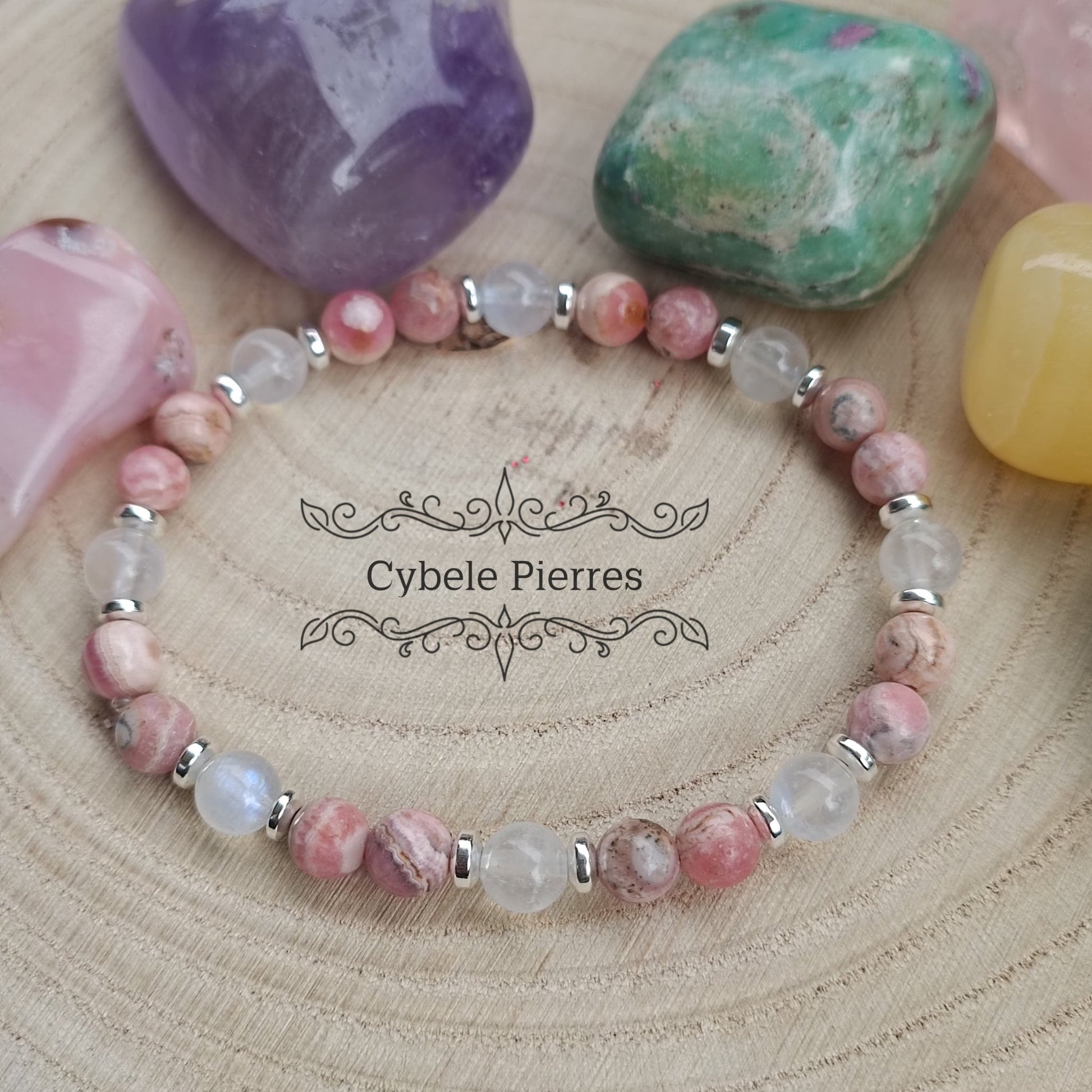 Bracelet Alséides - Rhodochrosite et Péristérite (Labradorite blanche) - (6mm) - 18cm - Cybele Pierres
