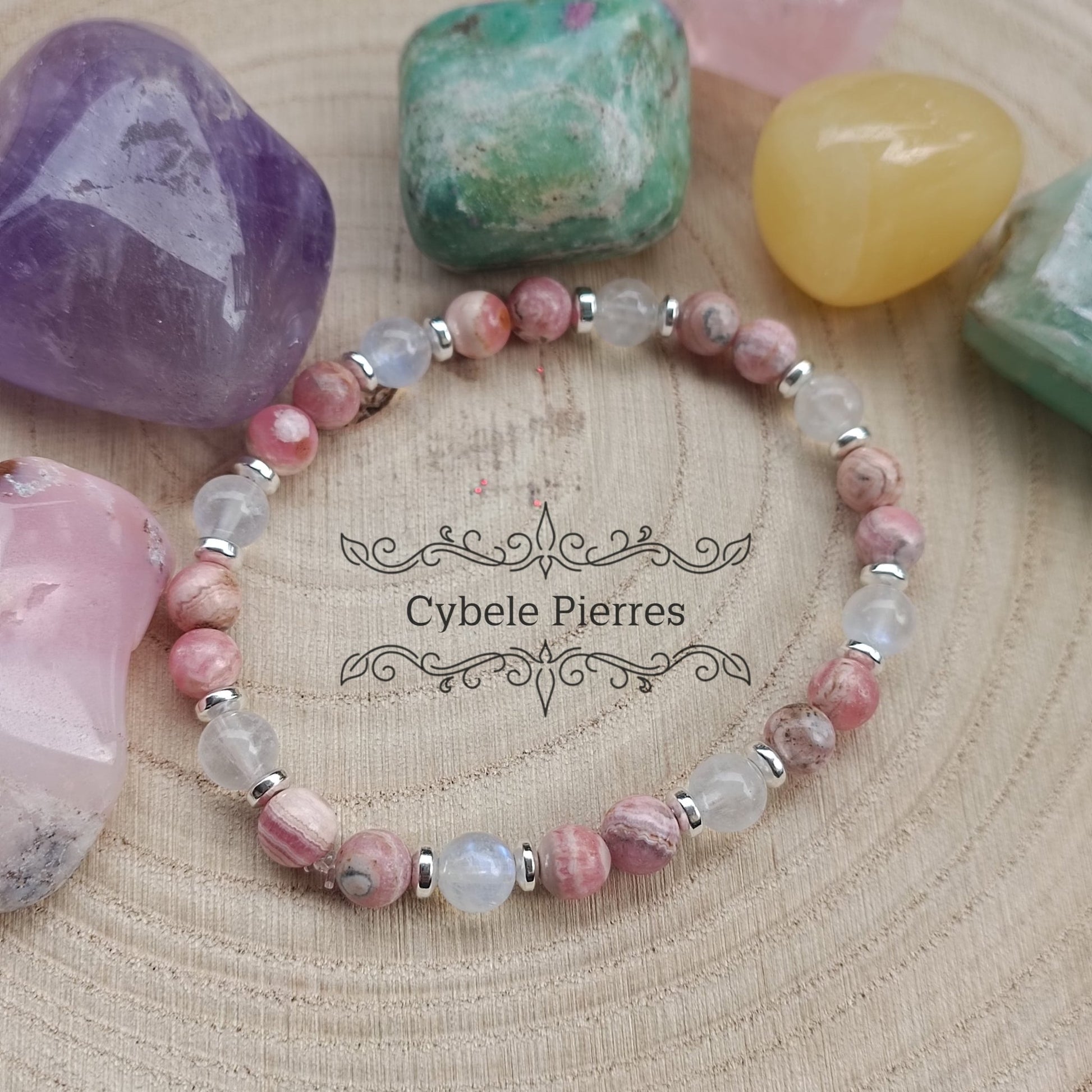 Bracelet Alséides - Rhodochrosite et Péristérite (Labradorite blanche) - (6mm) - 18cm - Cybele Pierres