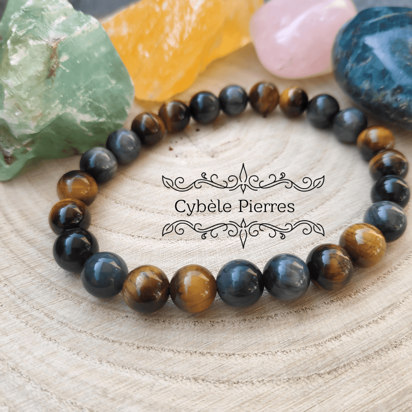 Bracelet Amaterasu - Oeil de faucon et oeil de tigre (8mm) - 20cm - Cybele Pierres