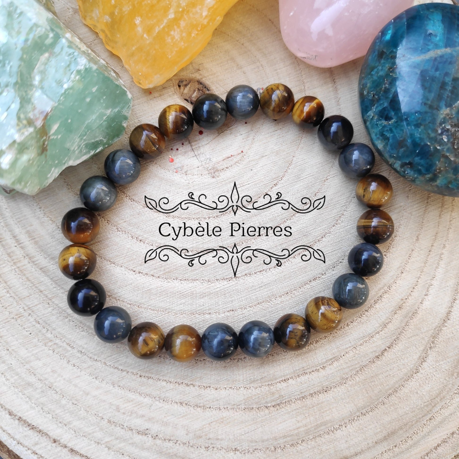 Bracelet Amaterasu - Oeil de faucon et oeil de tigre (8mm) - 20cm - Cybele Pierres