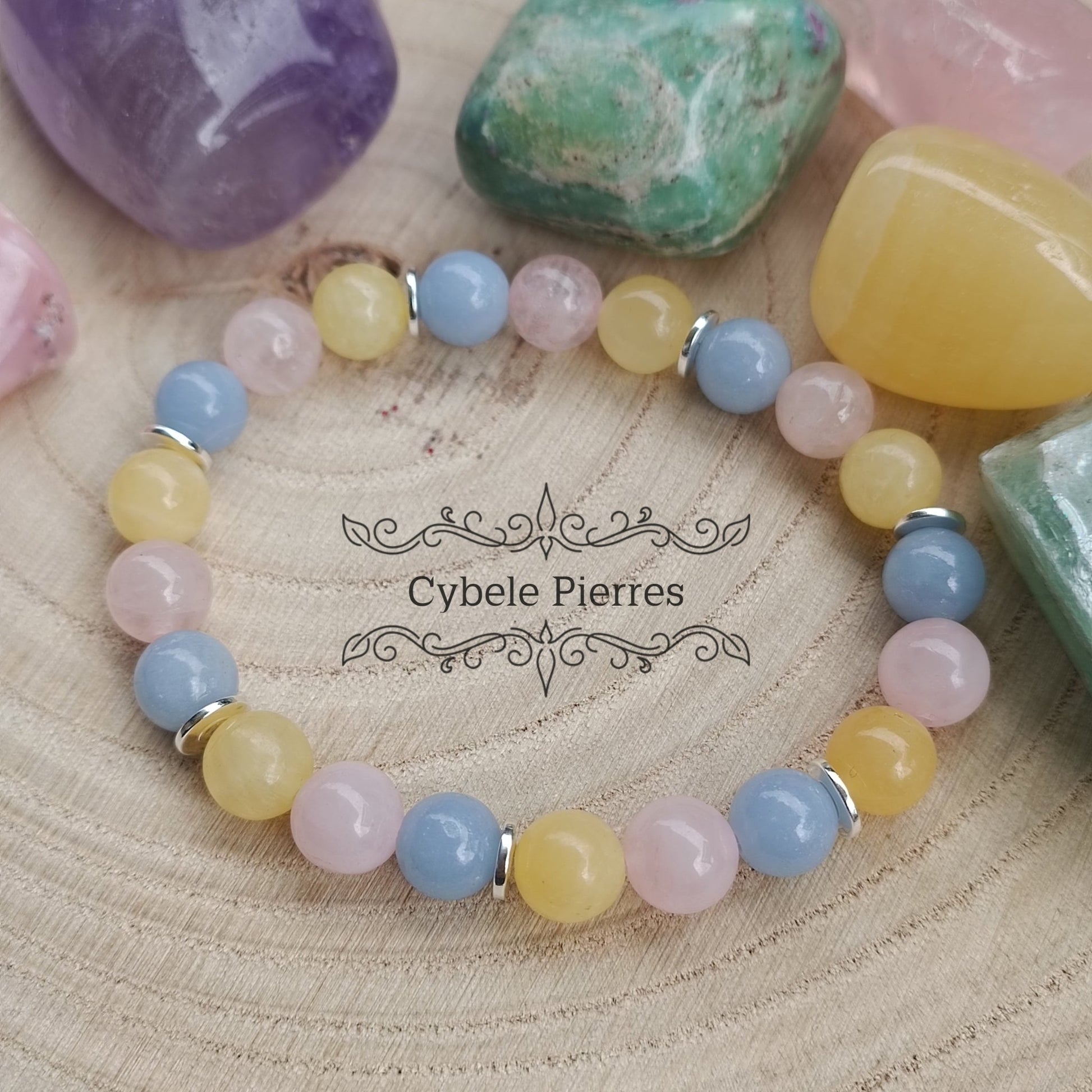 Bracelet Ame d'Enfant - Quartz rose, Angélite et Calcite orange (8mm) - 18cm - Cybele Pierres