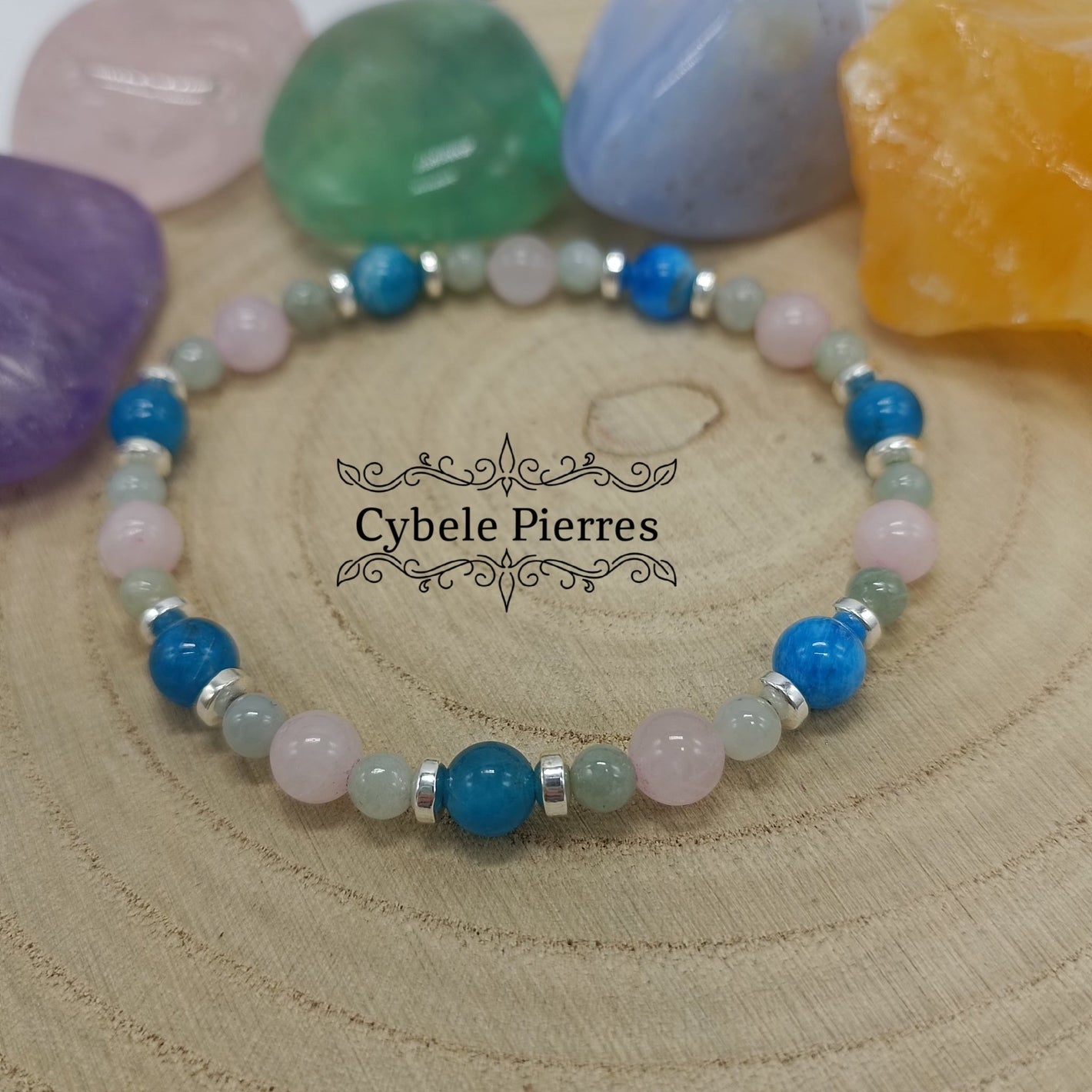 Bracelet Amitié - Apatite bleue, Quartz rose et Jade Vert (3mm et 6mm) - 17cm - Cybele Pierres