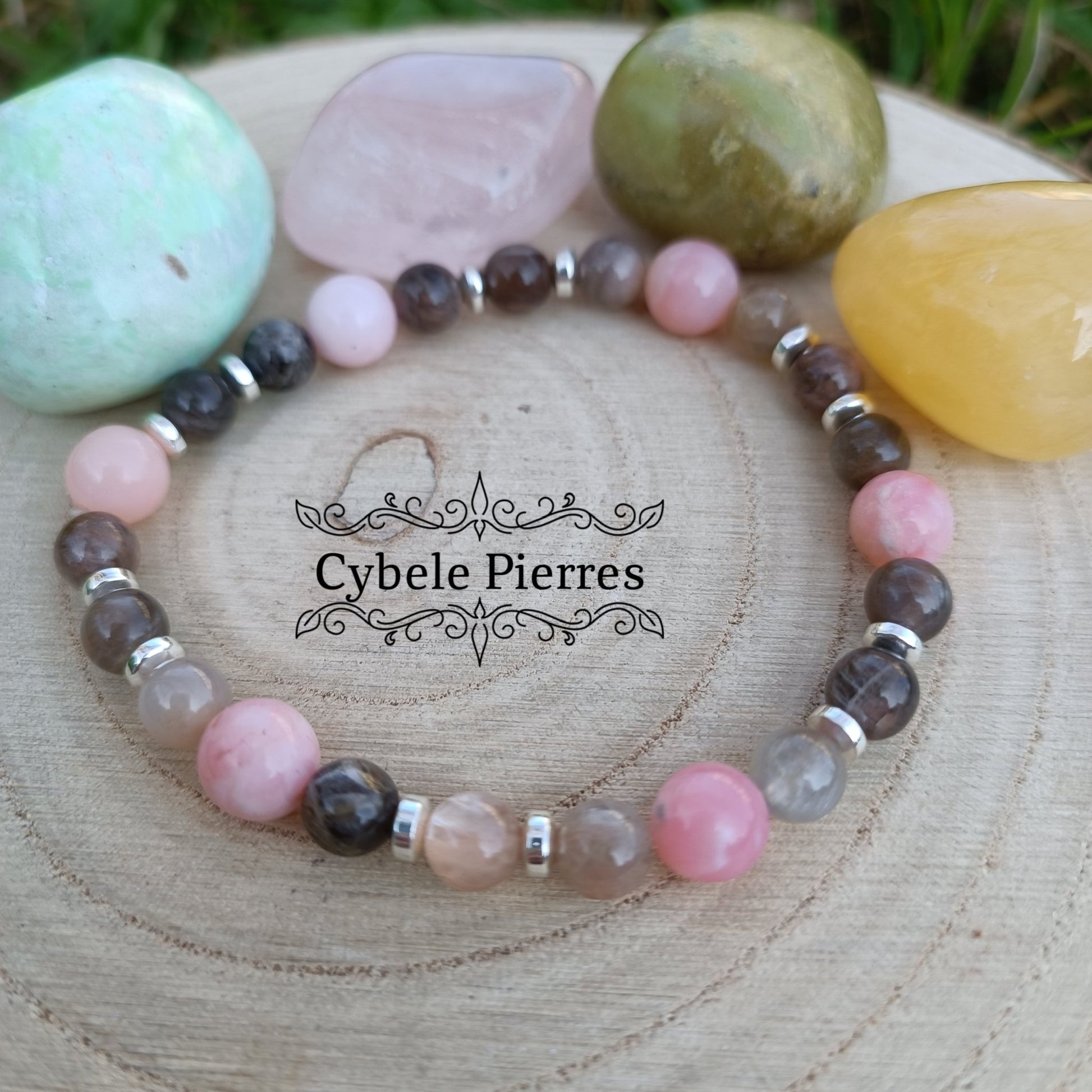 Bracelet Amor - Opale rose et Pierre de Lune (6 et 8mm) - 18cm - Cybele Pierres