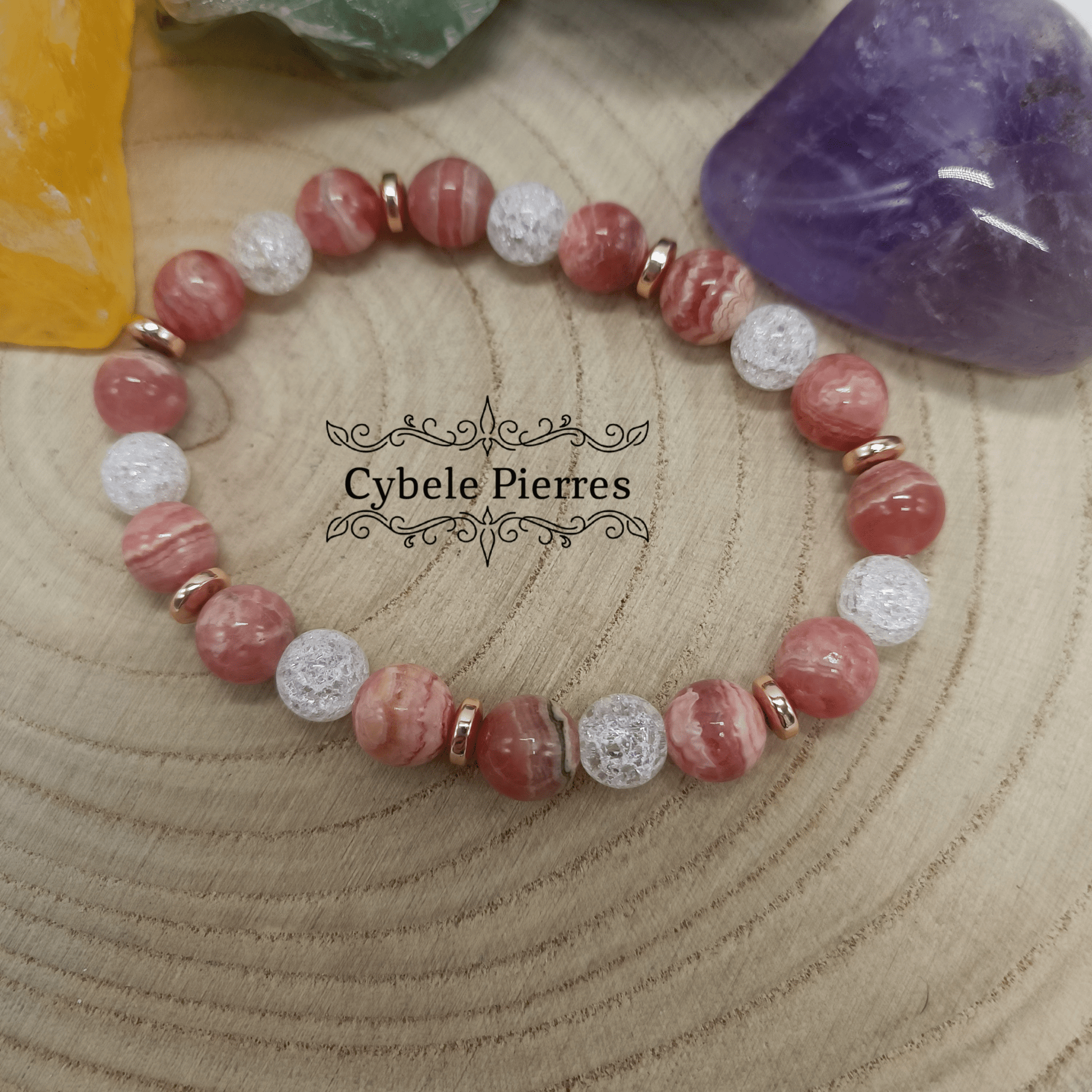 Bracelet Amour toujours - Cristal de roche et Rhodochrosite (8 et 9mm) - 18cm - Cybele Pierres