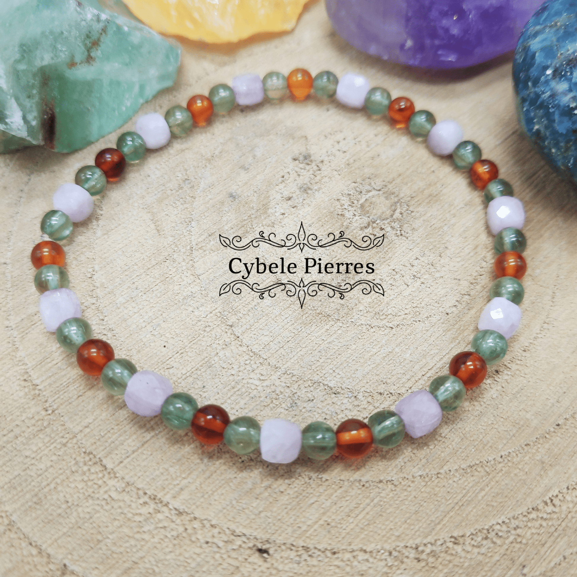 Bracelet Angoisse - Kunzite, Ambre, Apatite verte (3 et 4mm) - 18cm - Cybele Pierres