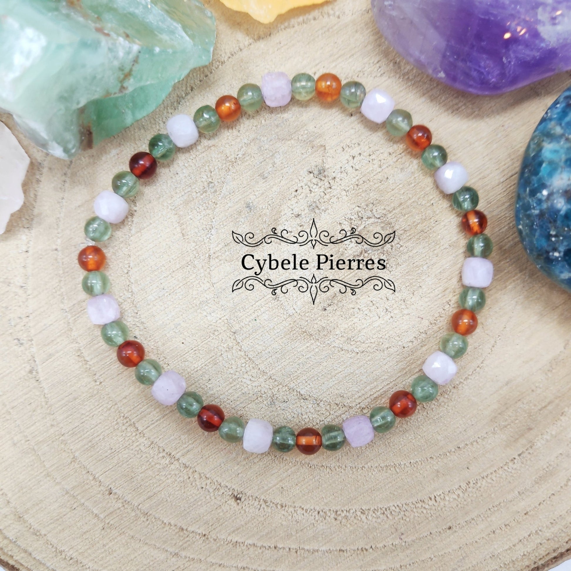 Bracelet Angoisse - Kunzite, Ambre, Apatite verte (3 et 4mm) - 18cm - Cybele Pierres