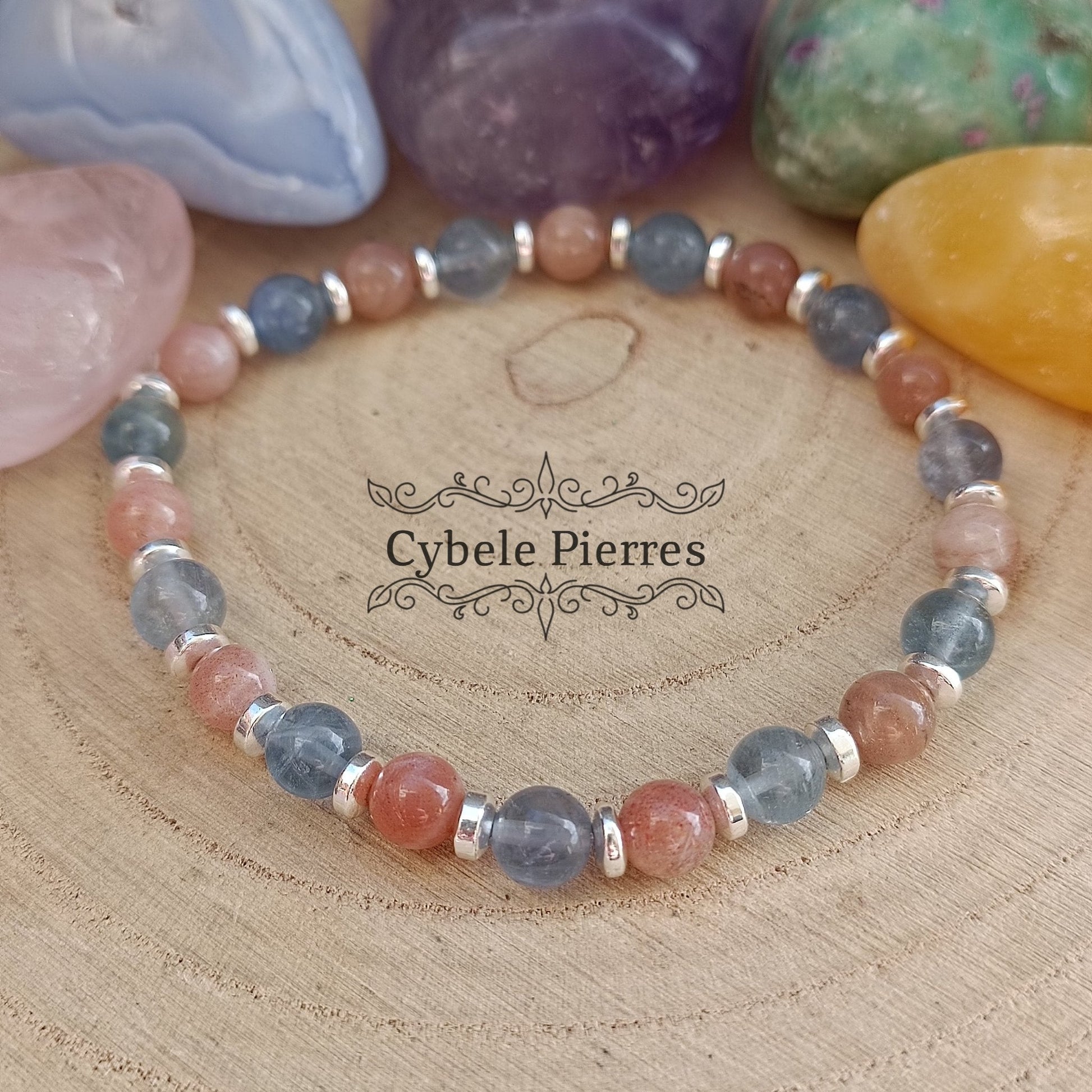Bracelet Aquarelle - Fluorine bleue et Pierre de Soleil (6mm) - 18cm - Cybele Pierres