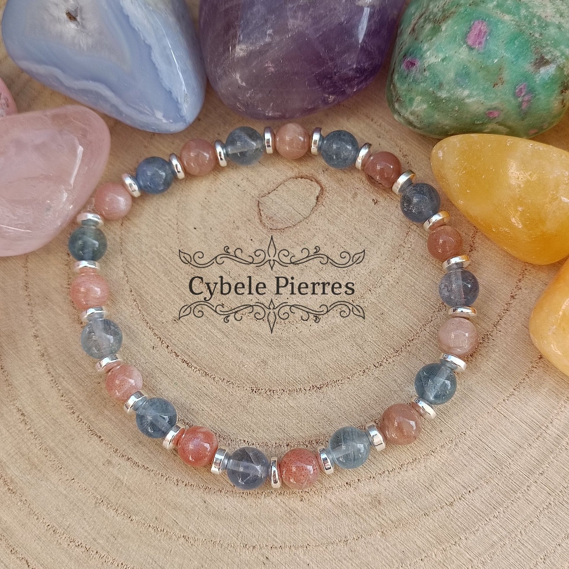 Bracelet Aquarelle - Fluorine bleue et Pierre de Soleil (6mm) - 18cm - Cybele Pierres
