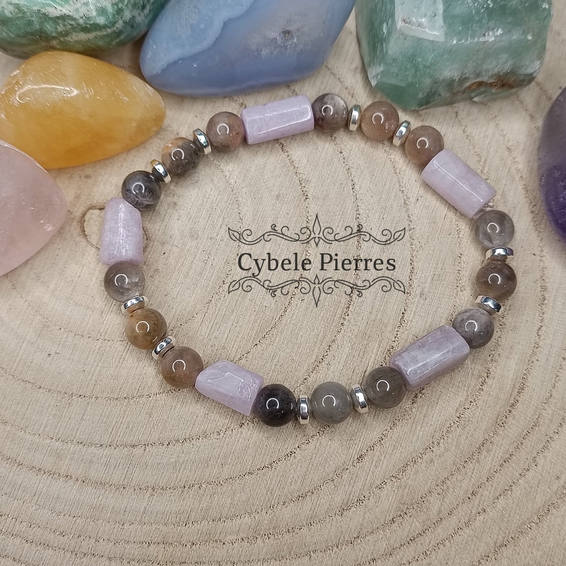 Bracelet Arianrhod - Pierre de lune et Kunzite (6 et 10mm) - 17cm - Cybele Pierres