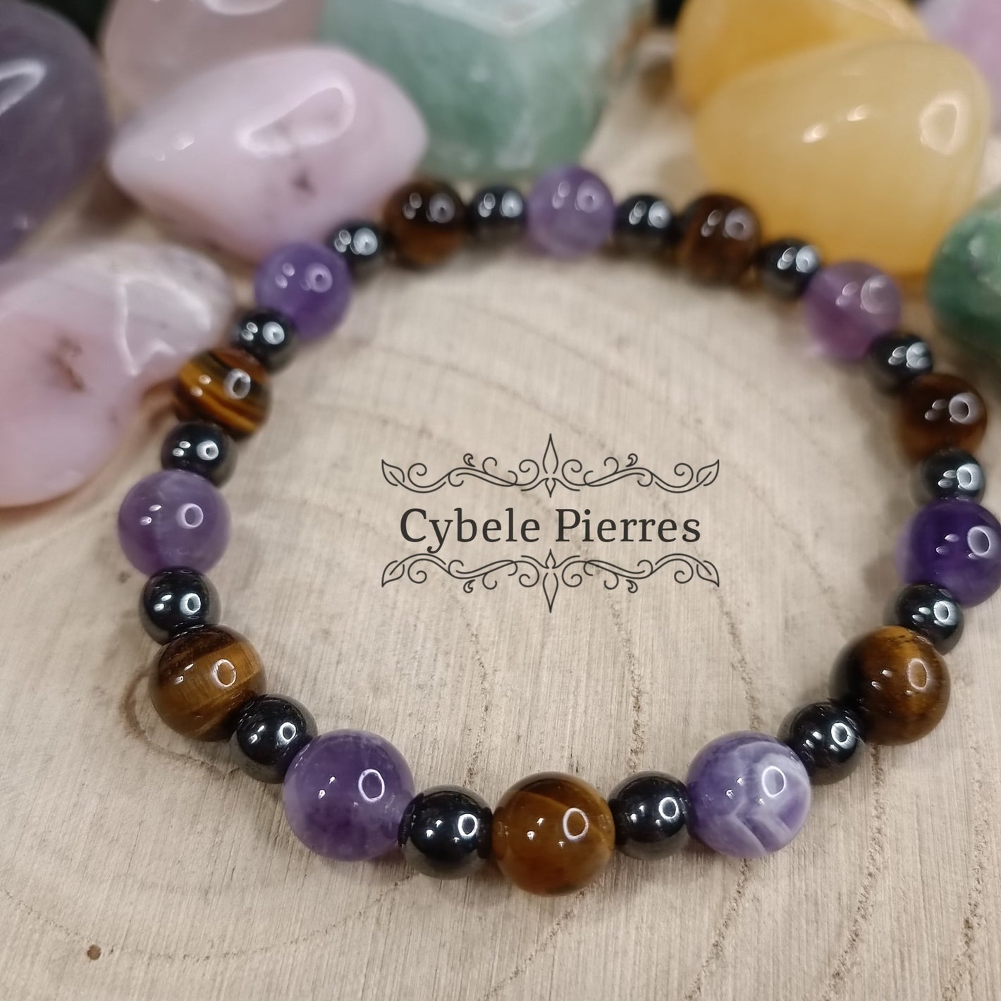 Bracelet Astréos - Améthyste, Oeil de tigre et Hématite (6 et 8mm) - 19cm - Cybele Pierres