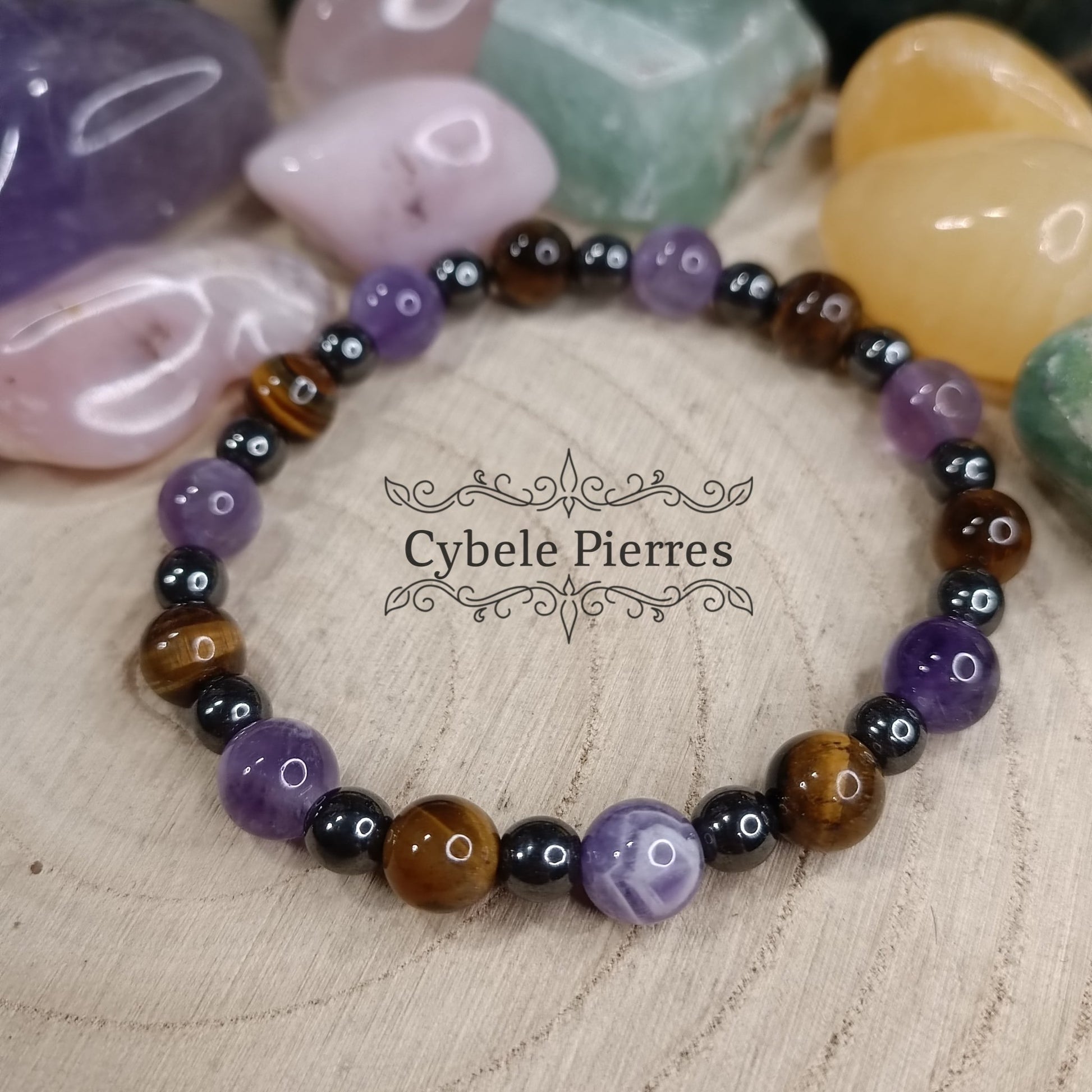 Bracelet Astréos - Améthyste, Oeil de tigre et Hématite (6 et 8mm) - 19cm - Cybele Pierres