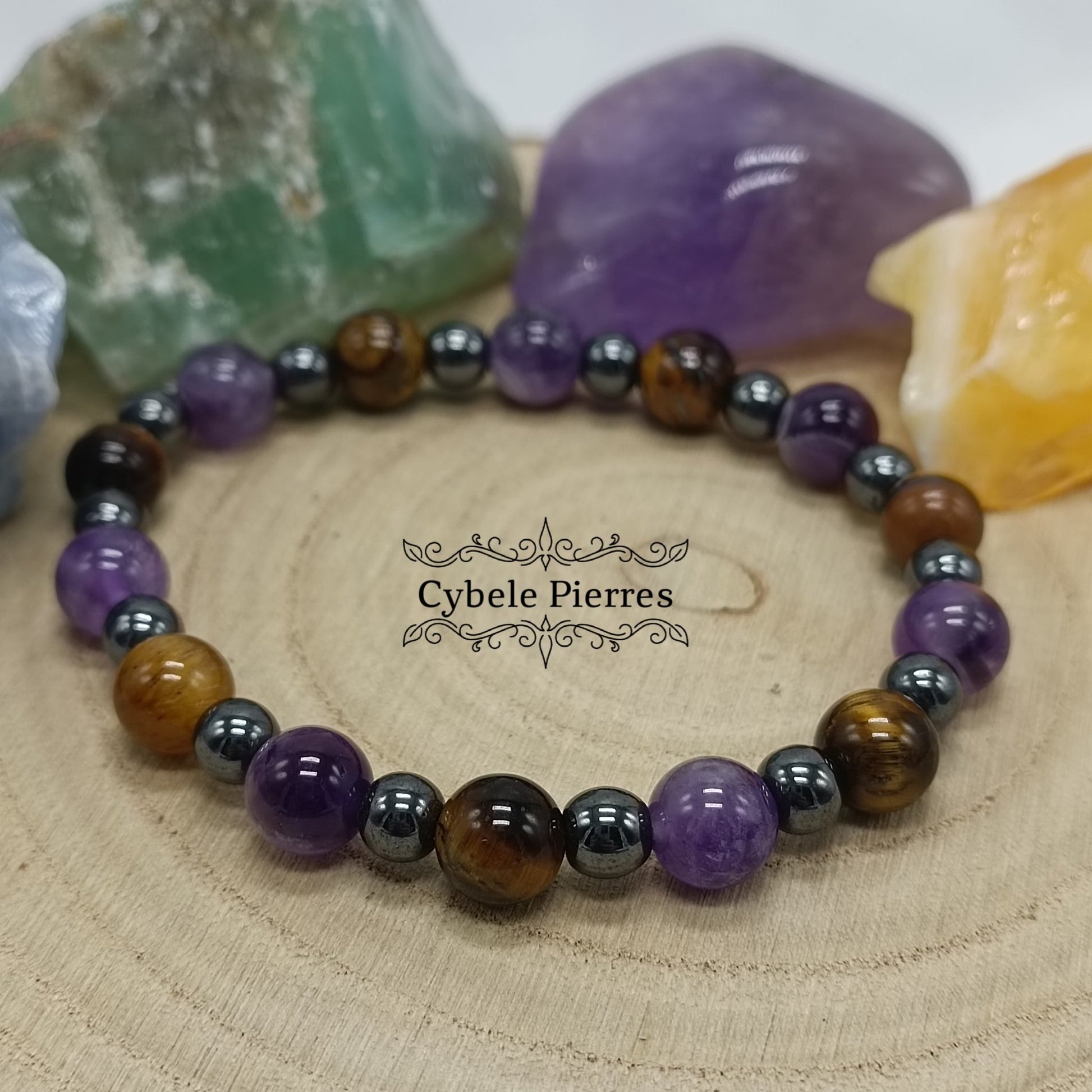 Bracelet Astréos - Améthyste, Oeil de tigre et Hématite (6 et 8mm) - 19cm - Cybele Pierres