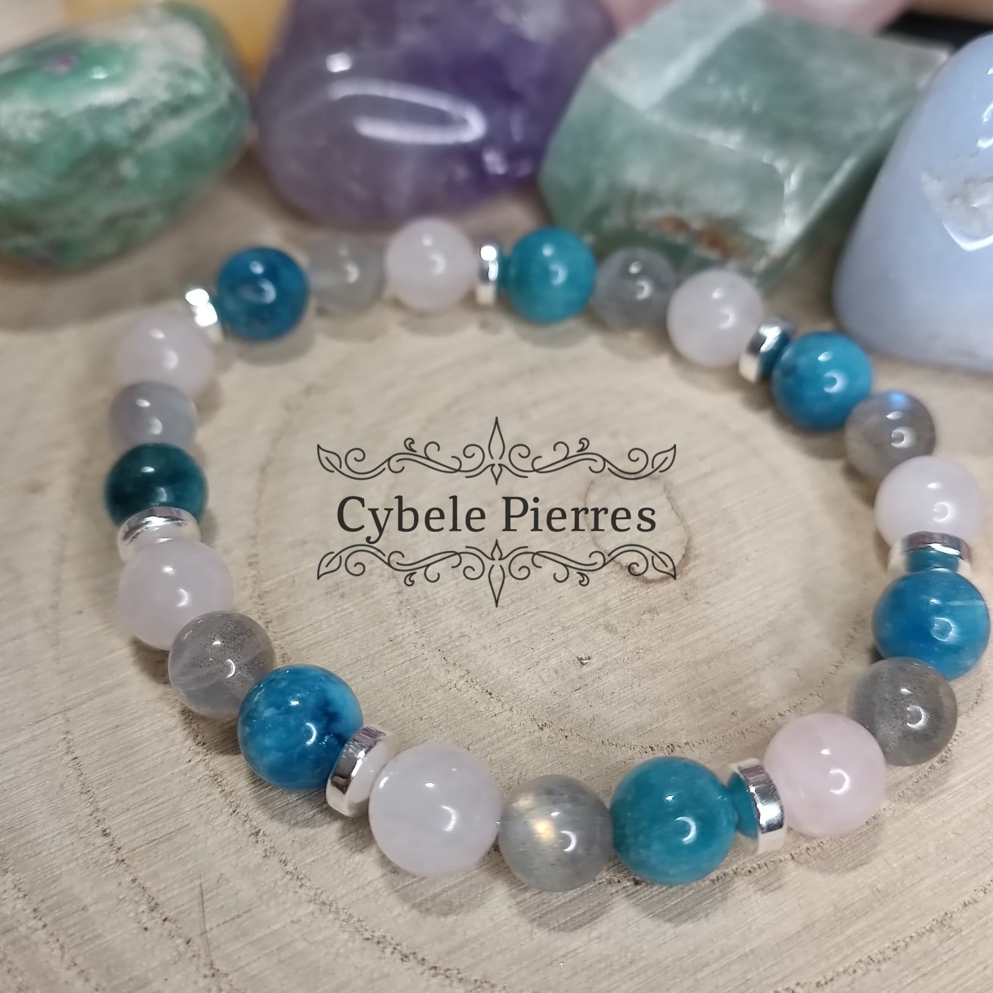 Bracelet Au calme - Apatite bleue, Quartz Rose et Labradorite (8mm) - 18cm - Cybele Pierres