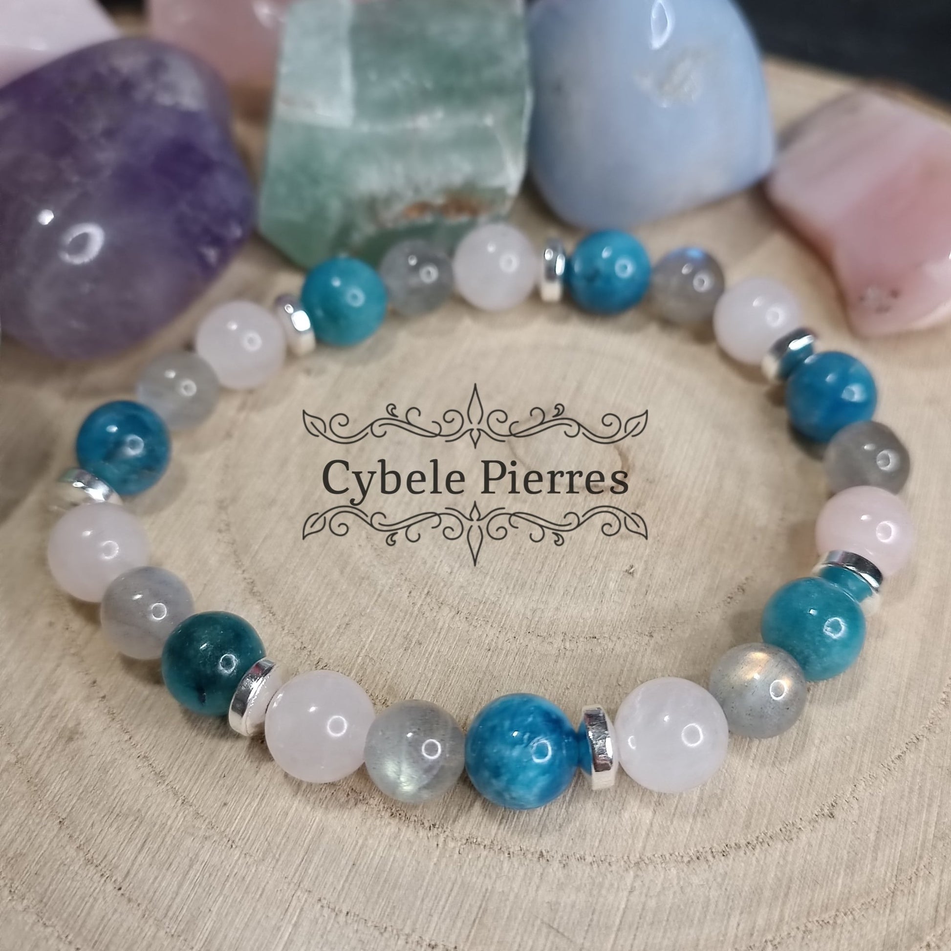 Bracelet Au calme - Apatite bleue, Quartz Rose et Labradorite (8mm) - 18cm - Cybele Pierres