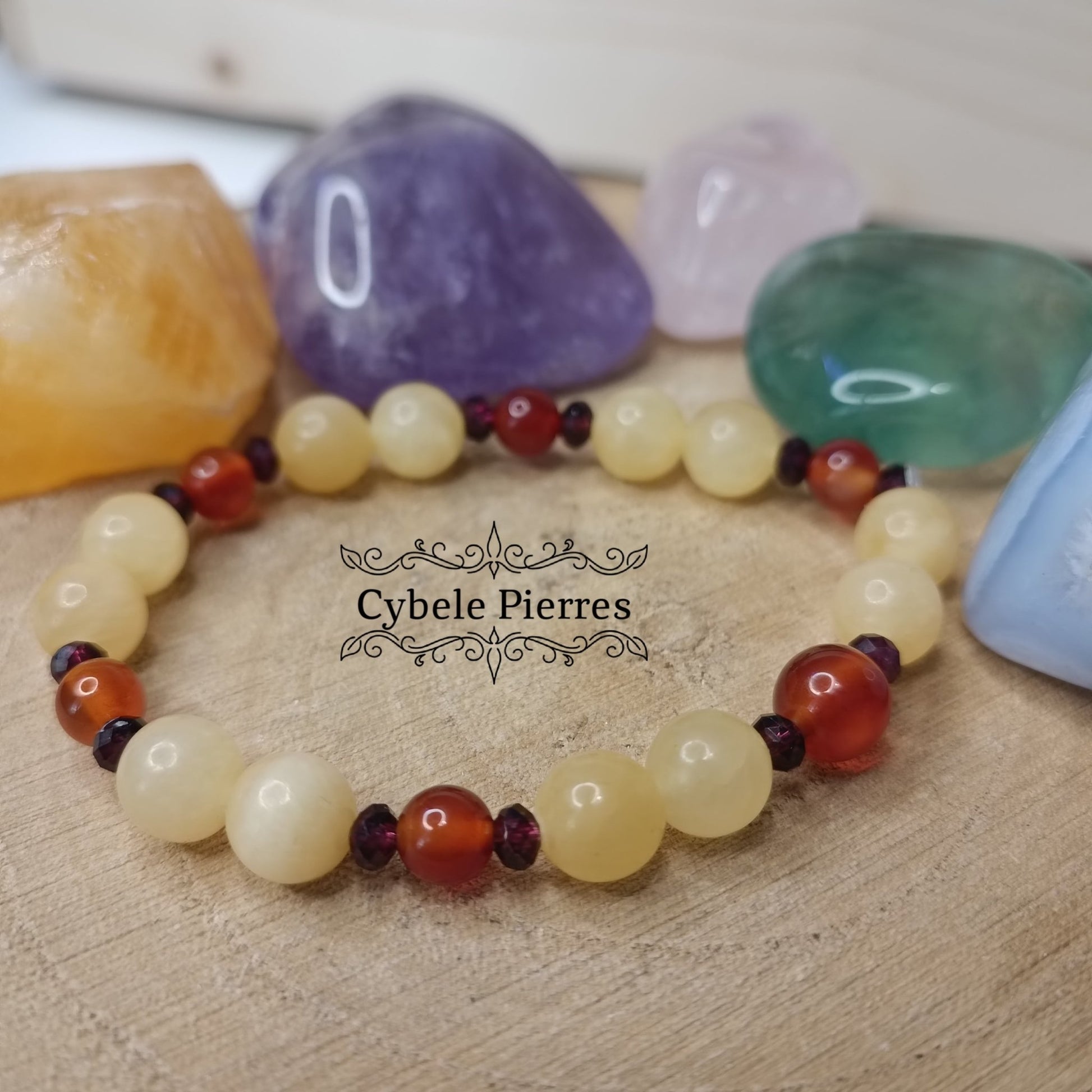 Bracelet Aurora - Cornaline, grenat facettée et Calcite Orange (3mm, 6mm et 8mm) - 17cm - Cybele Pierres