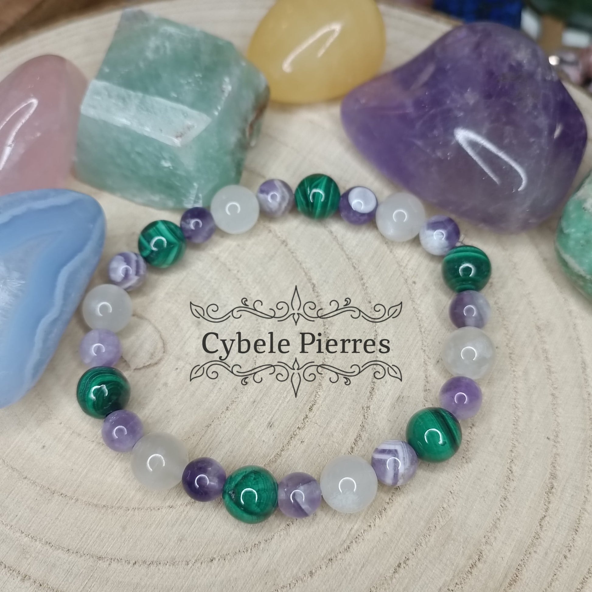 Bracelet "Aventure" - Pierre de lune blanche, Améthyste et Malachite (8mm et 6mm) - 17cm - Cybele Pierres