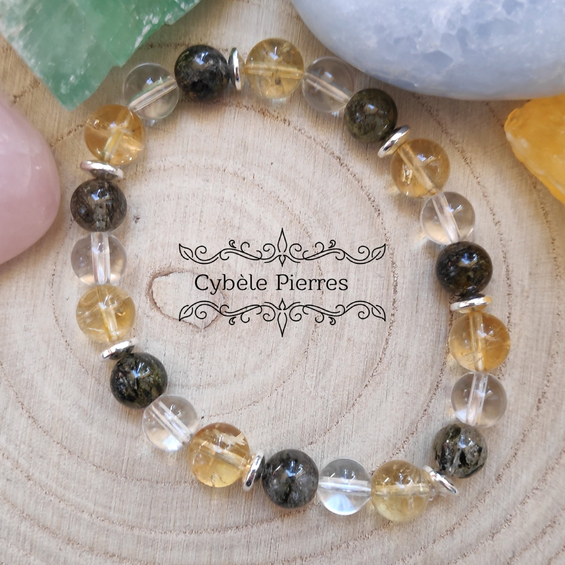 Bracelet Bénédiction : Citrine, Verdélite et Cristal de Roche (8mm) - 18cm - Cybele Pierres