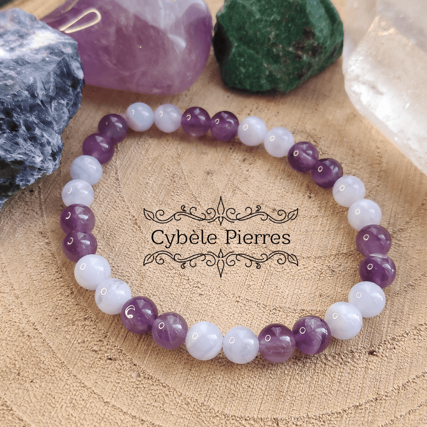 Bracelet Bien - être - Améthyste & Calcédoine bleue (6mm) - 18cm - Cybele Pierres