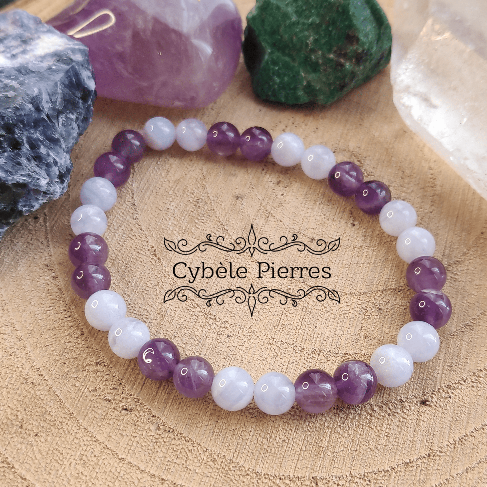 Bracelet Bien - être - Améthyste & Calcédoine bleue (6mm) - 18cm - Cybele Pierres