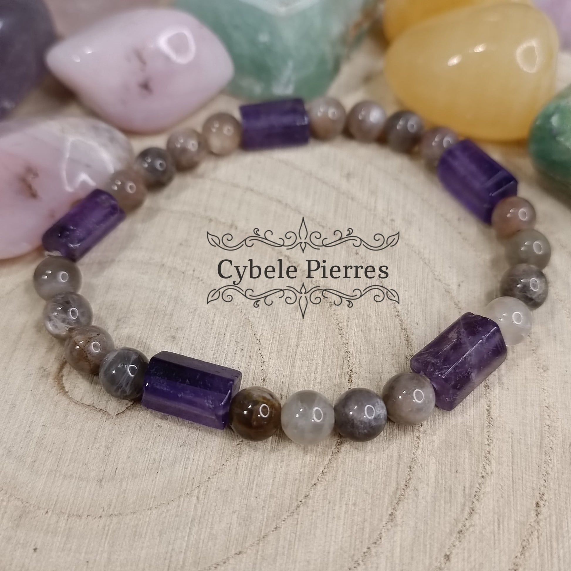 Bracelet Bonté - Améthyste et Pierre de Lune (6 et 10mm) - 18cm - Cybele Pierres