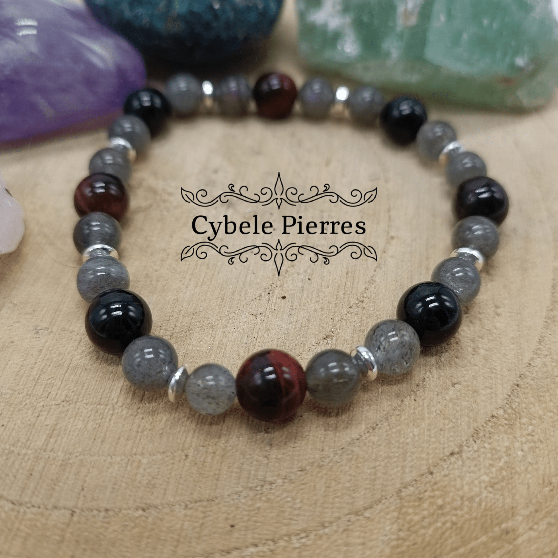 Bracelet Bouclier - Labradorite et Oeil de Taureau (6 et 8mm) - 18cm - Cybele Pierres