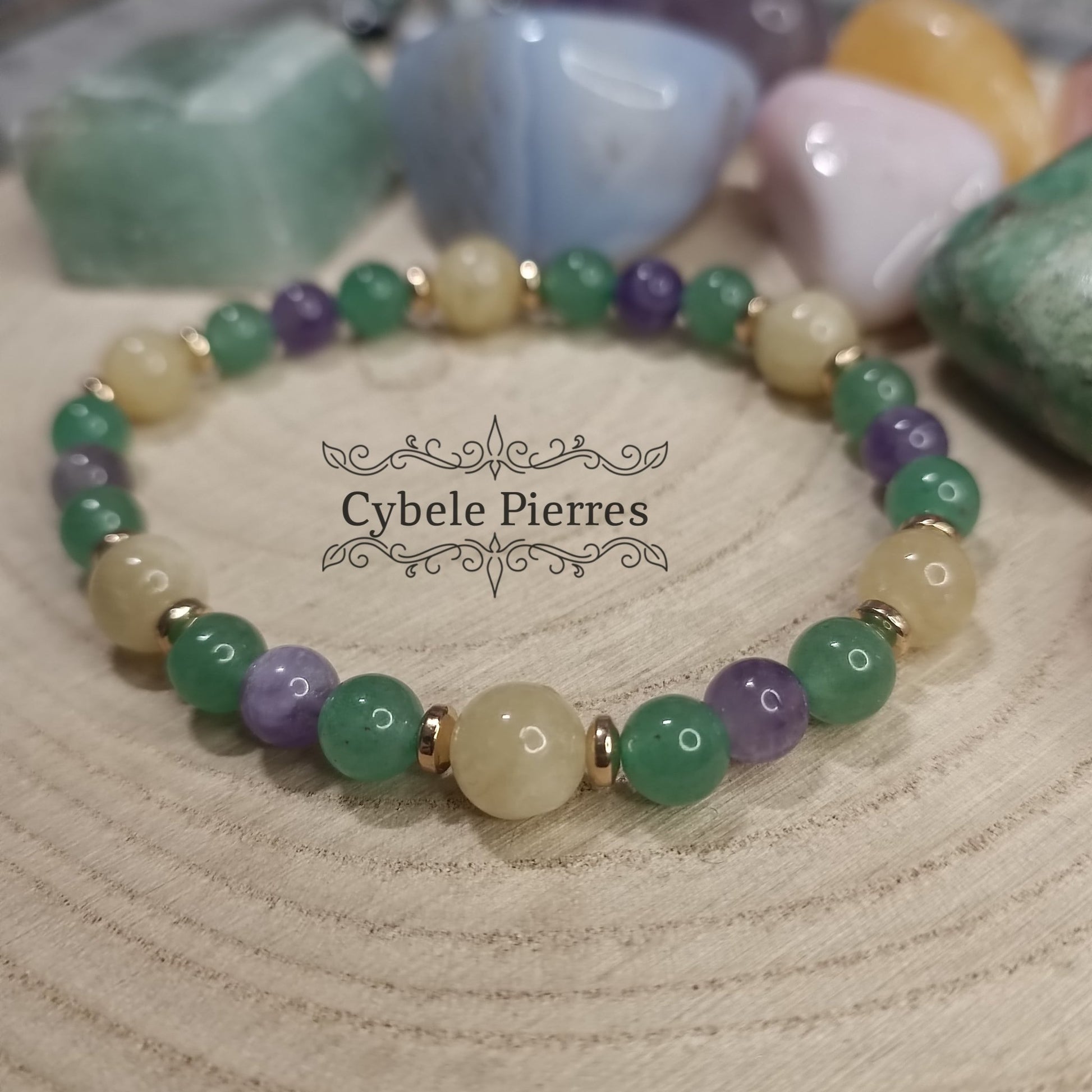 Bracelet Brésil : Améthyste, Héliodore et Aventurine verte (6 et 8mm) - 19cm - Cybele Pierres