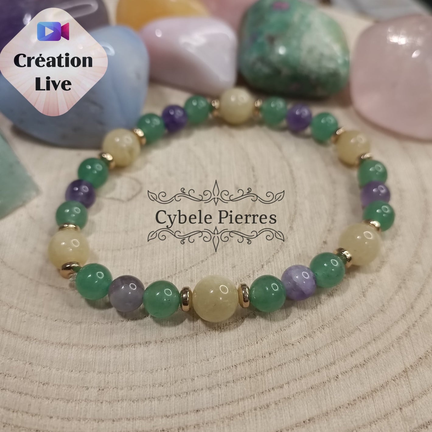 Bracelet Brésil : Améthyste, Héliodore et Aventurine verte (6 et 8mm) - 19cm - Cybele Pierres